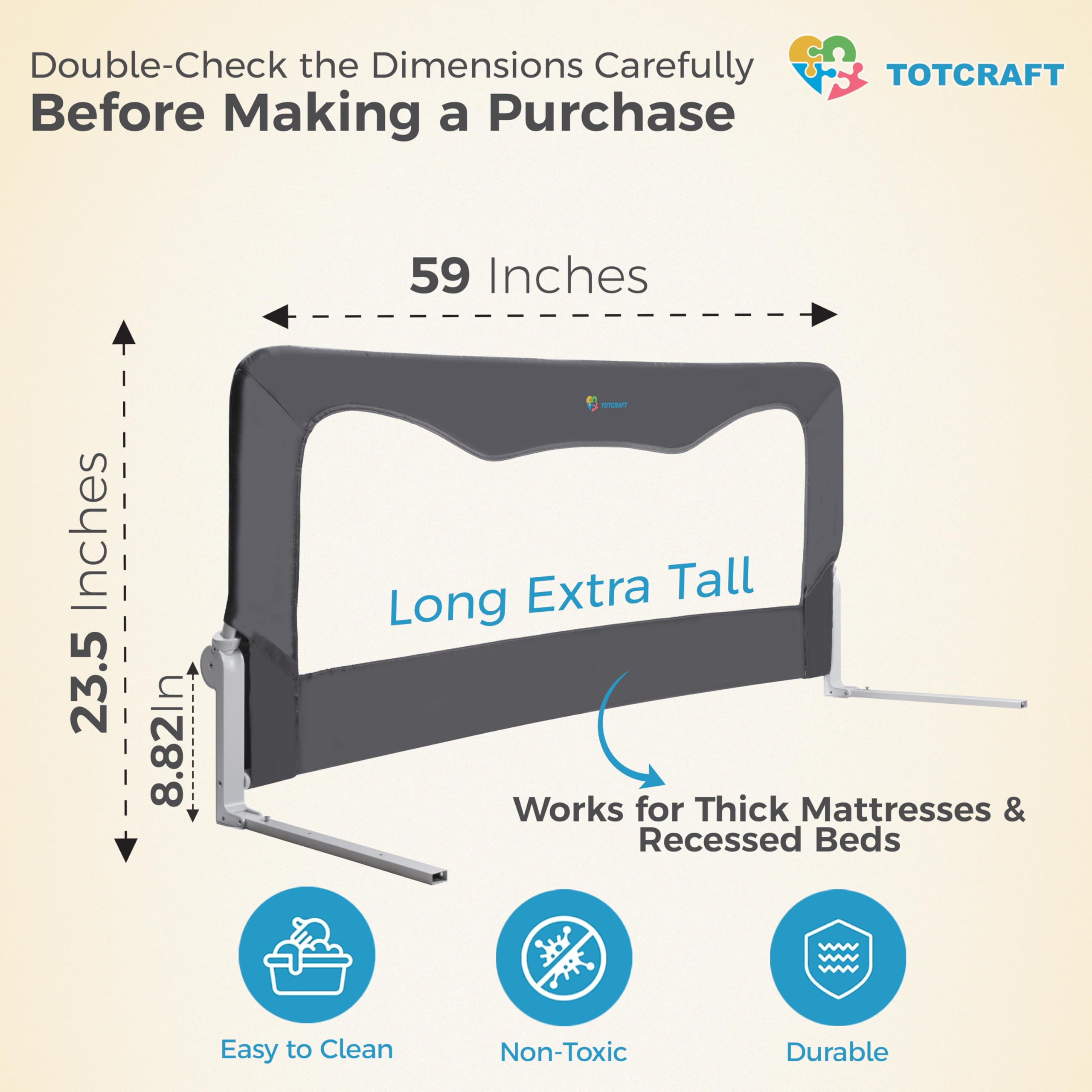 TotCraft bed rail gray finish closeup highlights sturdy metal and kid-friendly color