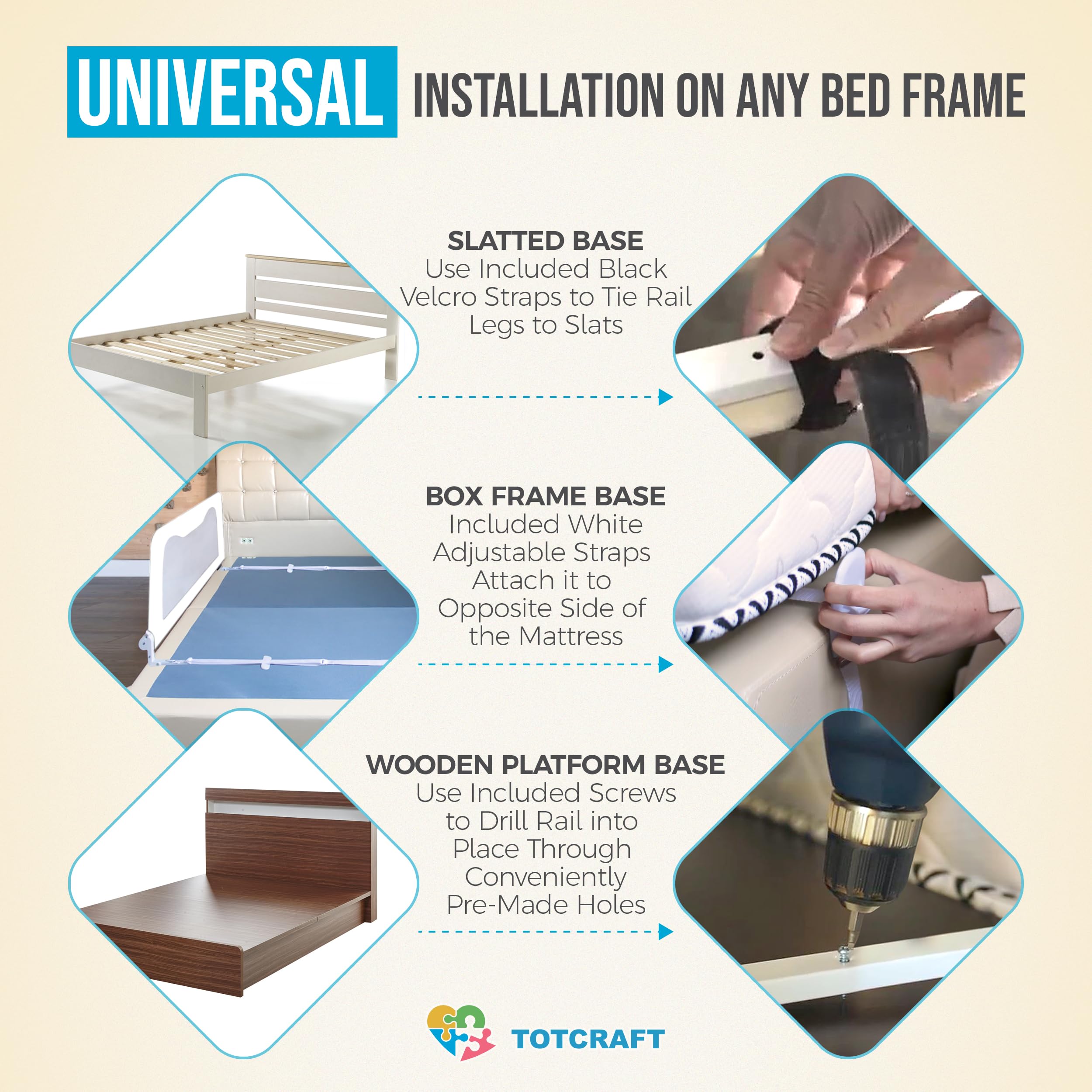 TotCraft bed-rail on queen bed shows secure sleep setup