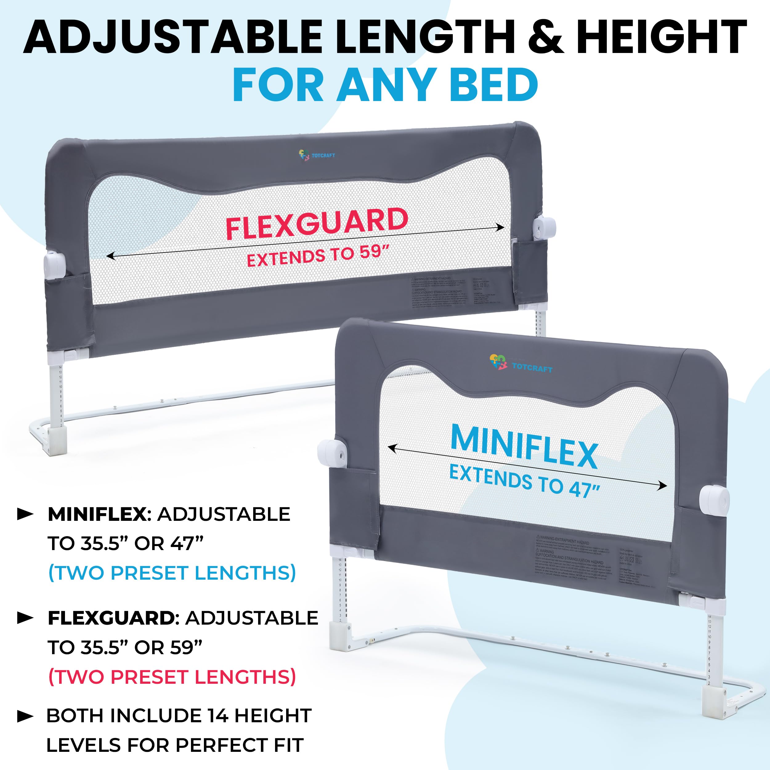 TotCraft Flexguard height levels deliver 14 adjustable positions for tailored coverage