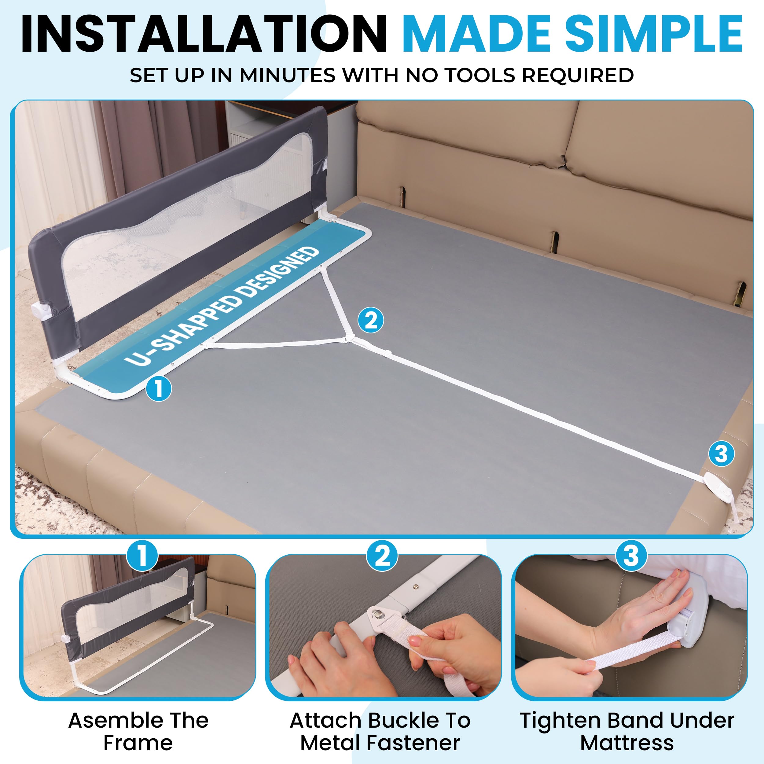TotCraft rail in use beside a toddler's bed demonstrates safety and easy access