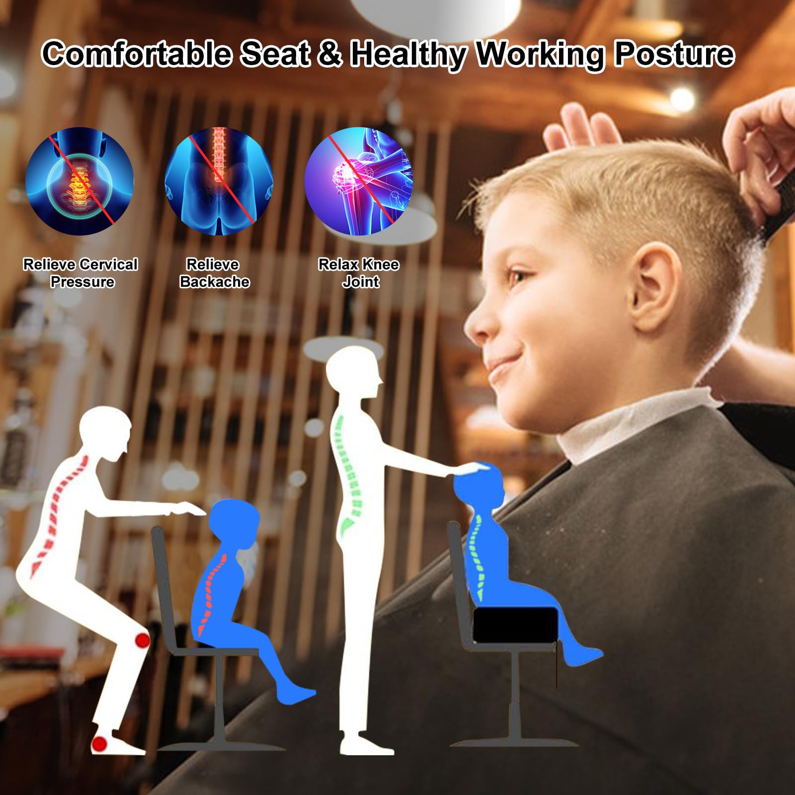 TOTIDYH booster seat aligns barber and child to ease cutting and reduce strain.