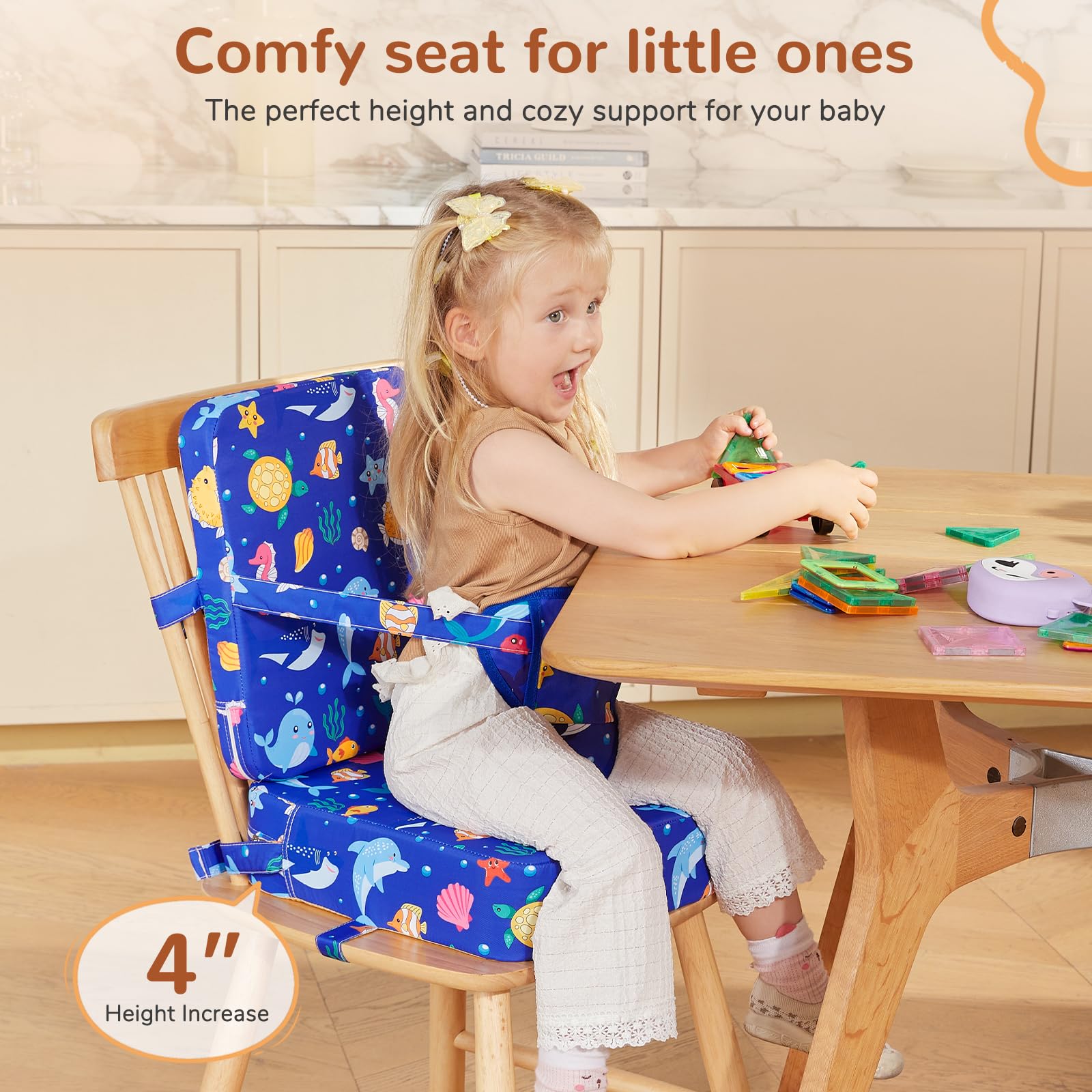 TOTIDYH Toddler Booster Seat cushion size ensures fit on most chairs.