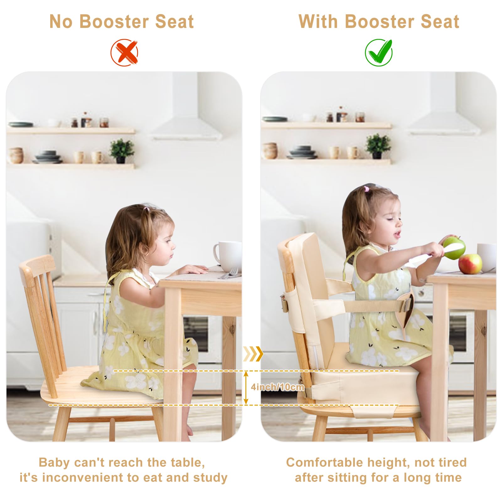 TOTIDYH booster seat with non-slip bottom helps prevent slides on kitchen chairs.