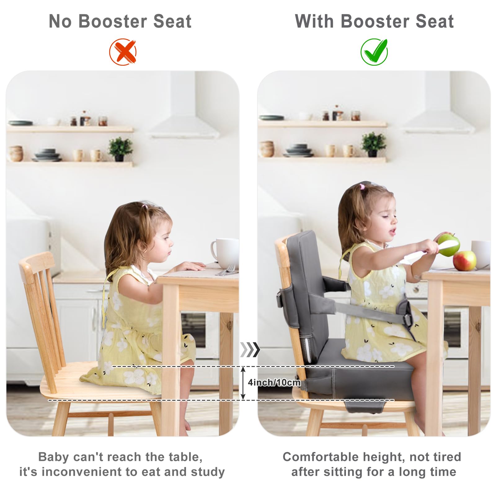 TOTIDYH booster seat shows waterproof PU for easy wipe-clean surfaces.