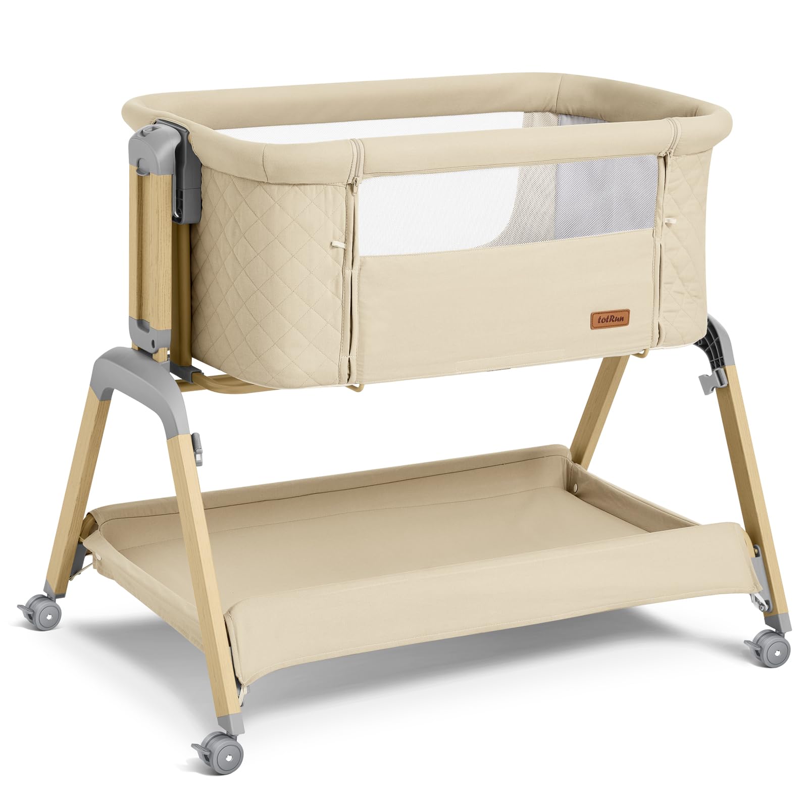 TotRun bassinet bedside sleeper beige with 5-height settings for easy nighttime access.