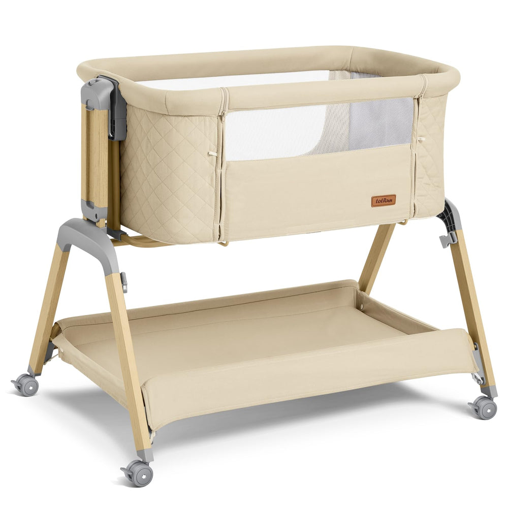 TotRun bassinet bedside sleeper beige with 5-height settings for easy nighttime access.