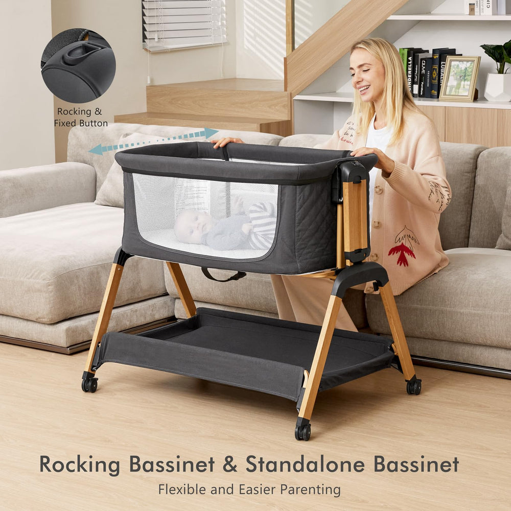 TotRun bassinet bedside sleeper black 5-height adjustable feature aligned to parent bed height.