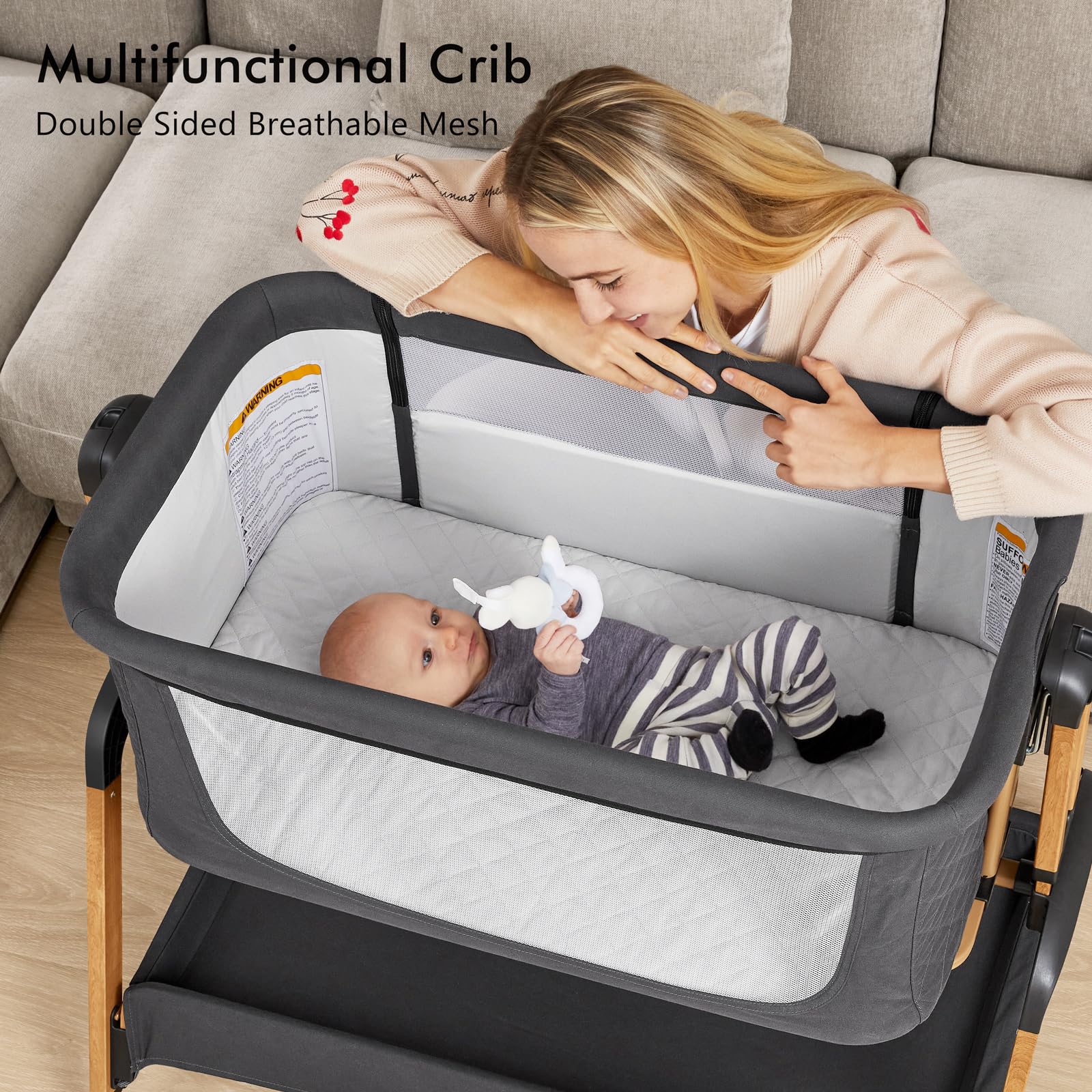 TotRun bassinet bedside sleeper black soft breathable materials provide gentle comfort.