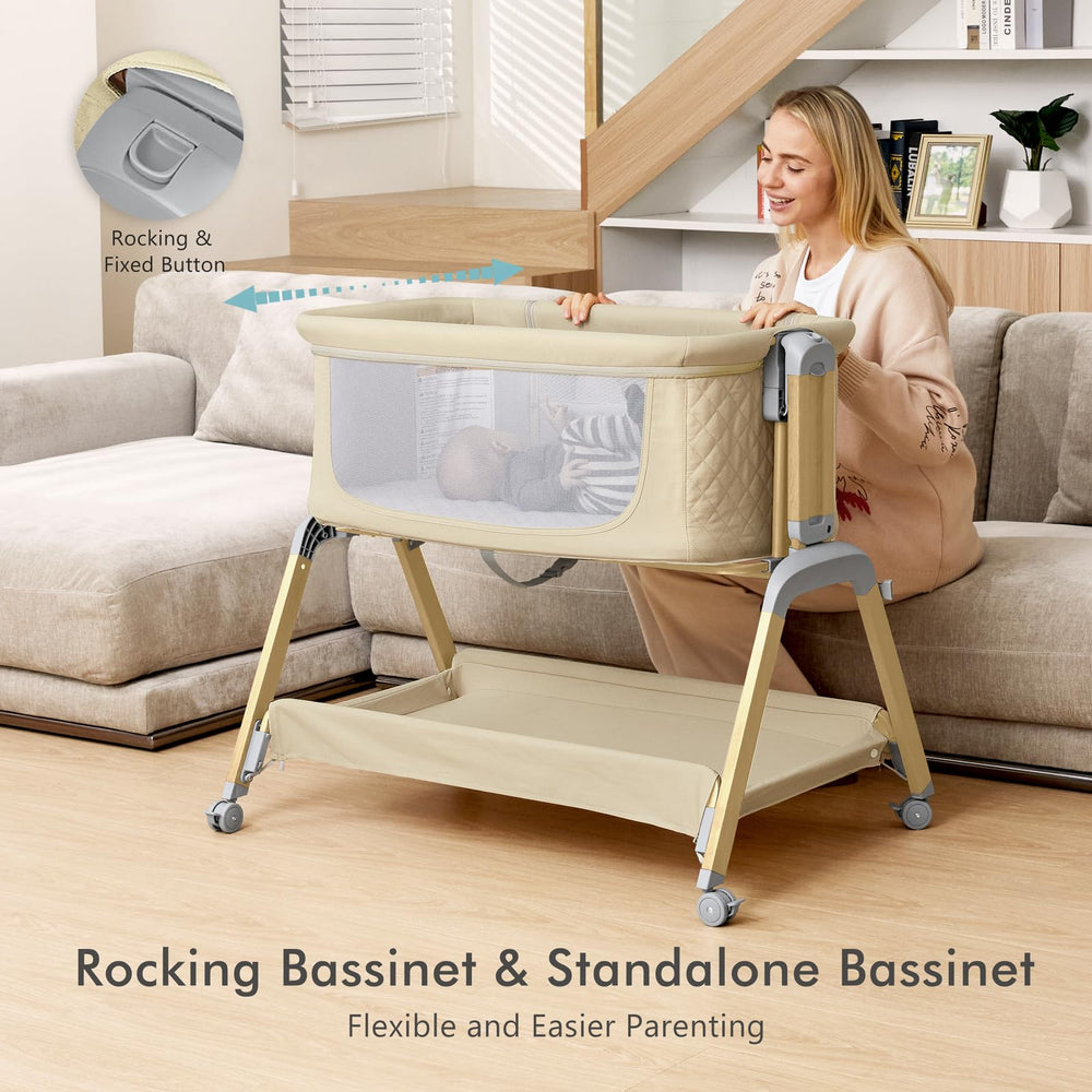 TotRun bassinet bedside sleeper close-up beige fabric showing cozy sleep environment.