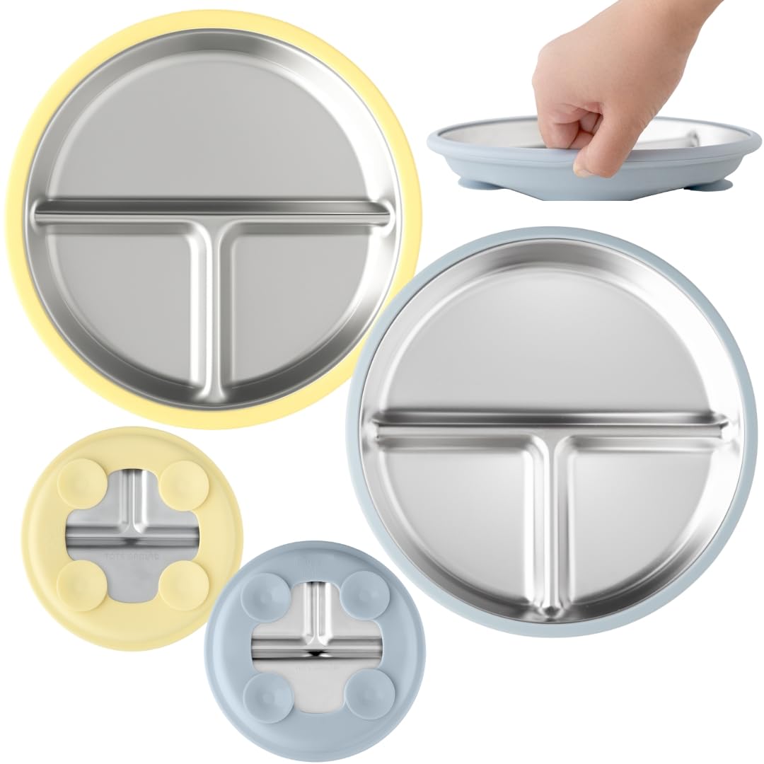 TOTS GROUND TinyBites Duo butter-yellow plate shows a kid-friendly 8-inch divided design