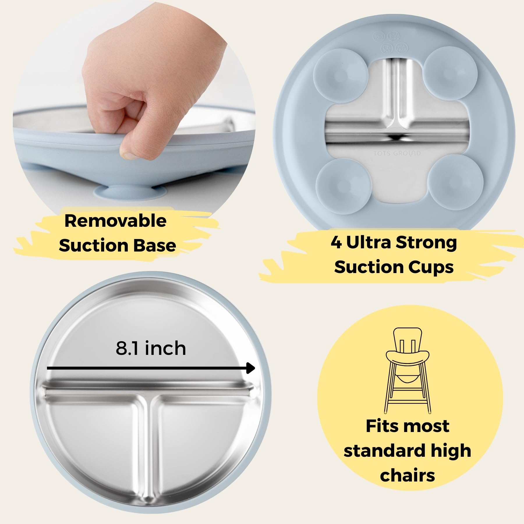 TOTS GROUND TinyBites Duo stainless-steel plate emphasizes durable, unbreakable design