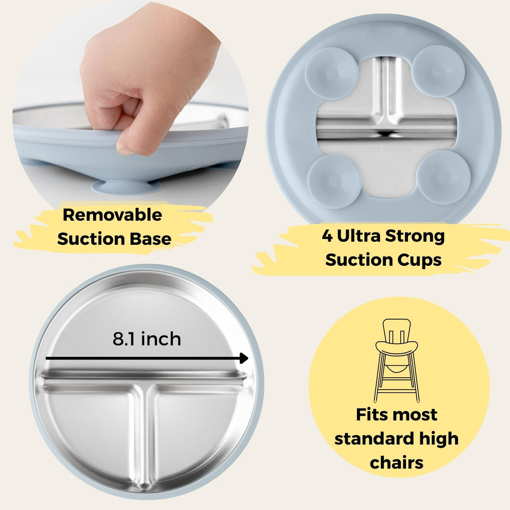 TOTS GROUND TinyBites Duo stainless-steel plate emphasizes durable, unbreakable design