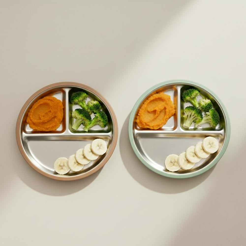 TOTS GROUND TinyBites Duo 8-inch divided plate highlights non-slip suction for stable feeding.