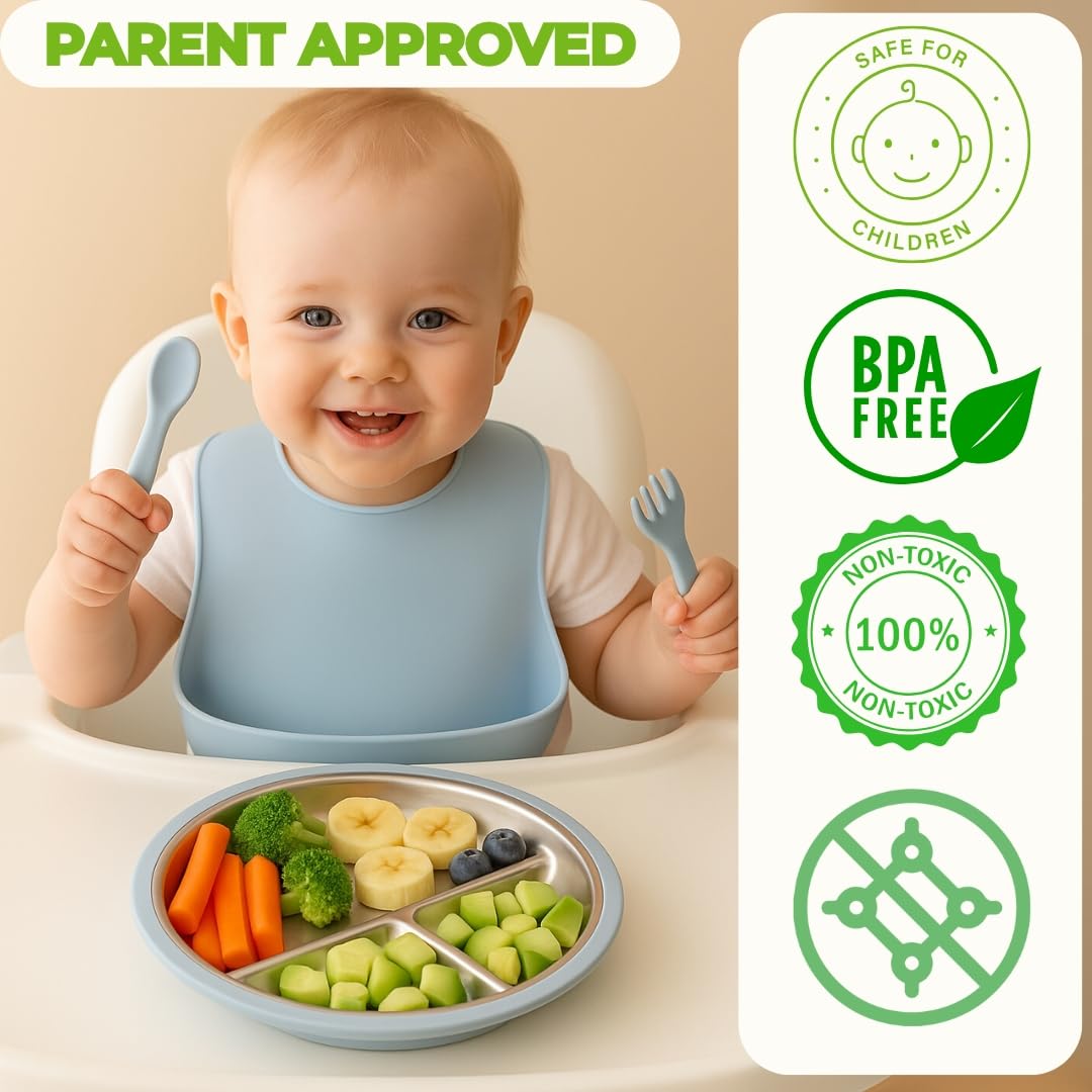 TOTS GROUND TinyBites Duo suction-base plate highlights spill-proof mealtimes and easy cleanup