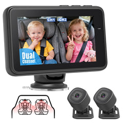 Totsafe baby car camera split-screen view for twins in the backseat.