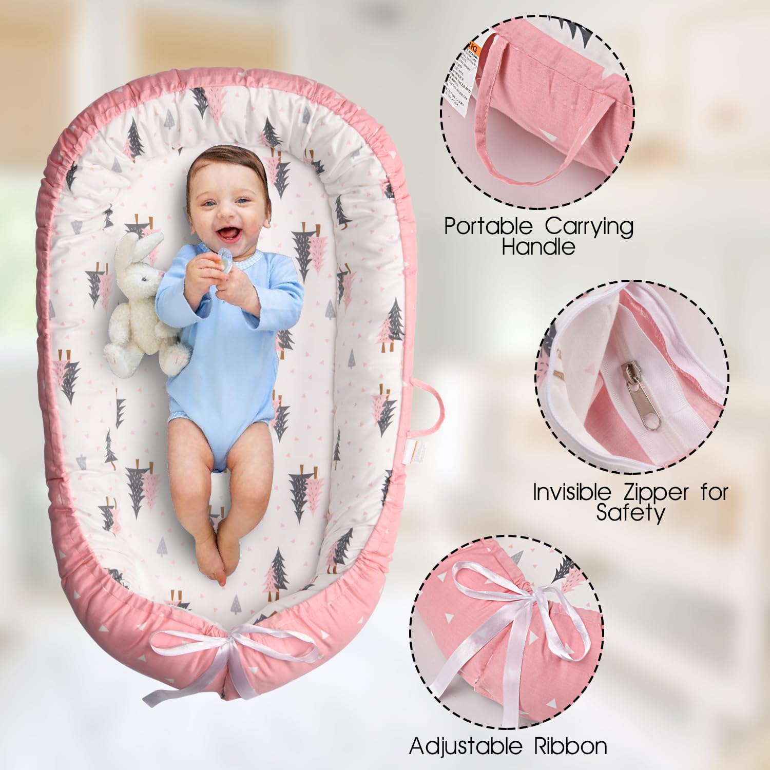 Totsi baby lounger machine-washable design simplifies quick cleanups.