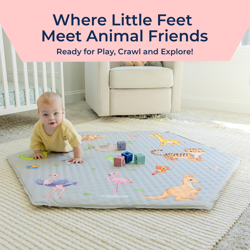TotsyTrove Safari design playmat displaying kids using soft padding