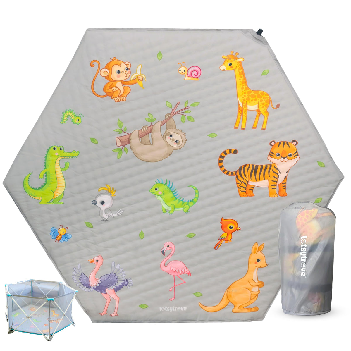 TotsyTrove self-inflating hexagon playpen mat Safari setup offers quick, ready-to-use play area