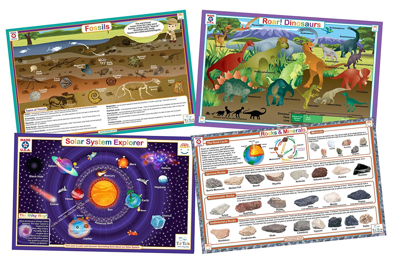 Tot Talk Science Explorer dinosaurs double-sided mats inspire interactive learning at meals.