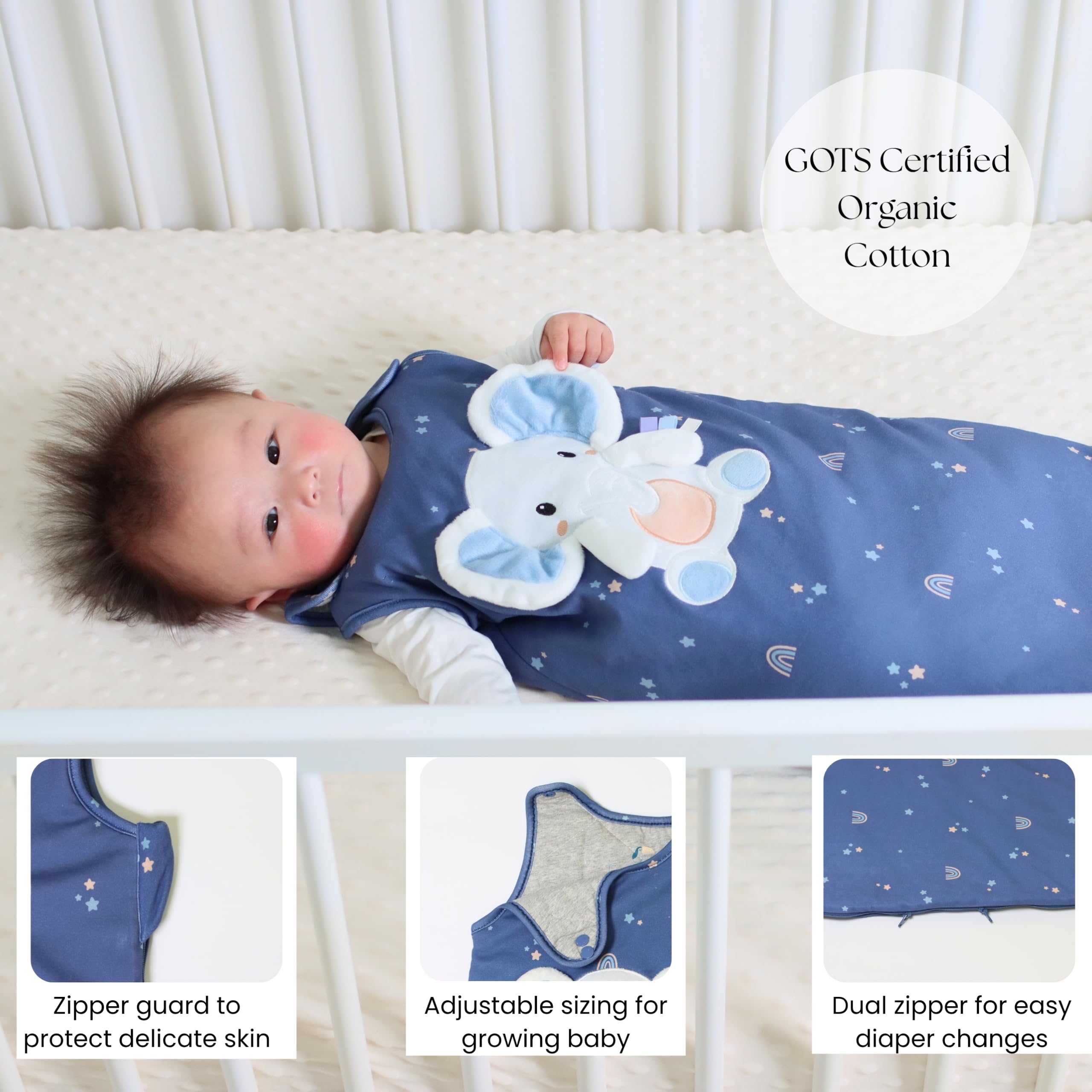 Toucan Baby sleep sack with two-way zipper for easy night diaper changes.