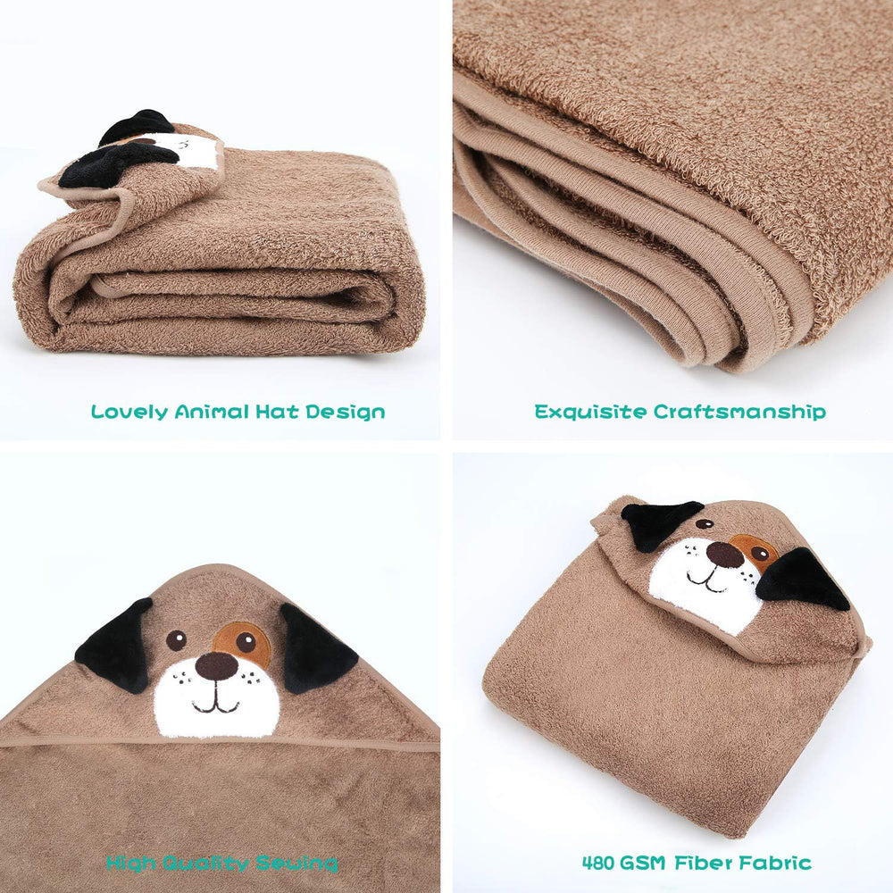 Touchat hooded towel with bear design keeps baby snug and warm after bath.