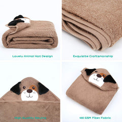 Touchat hooded towel with bear design keeps baby snug and warm after bath.