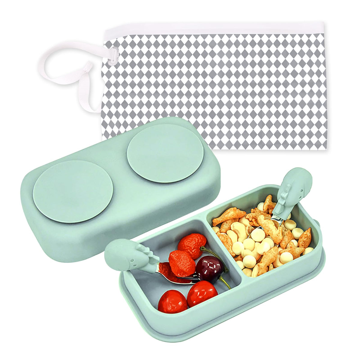 TourKing travel suction plate set in sage green with compact packaging for on-the-go meals.