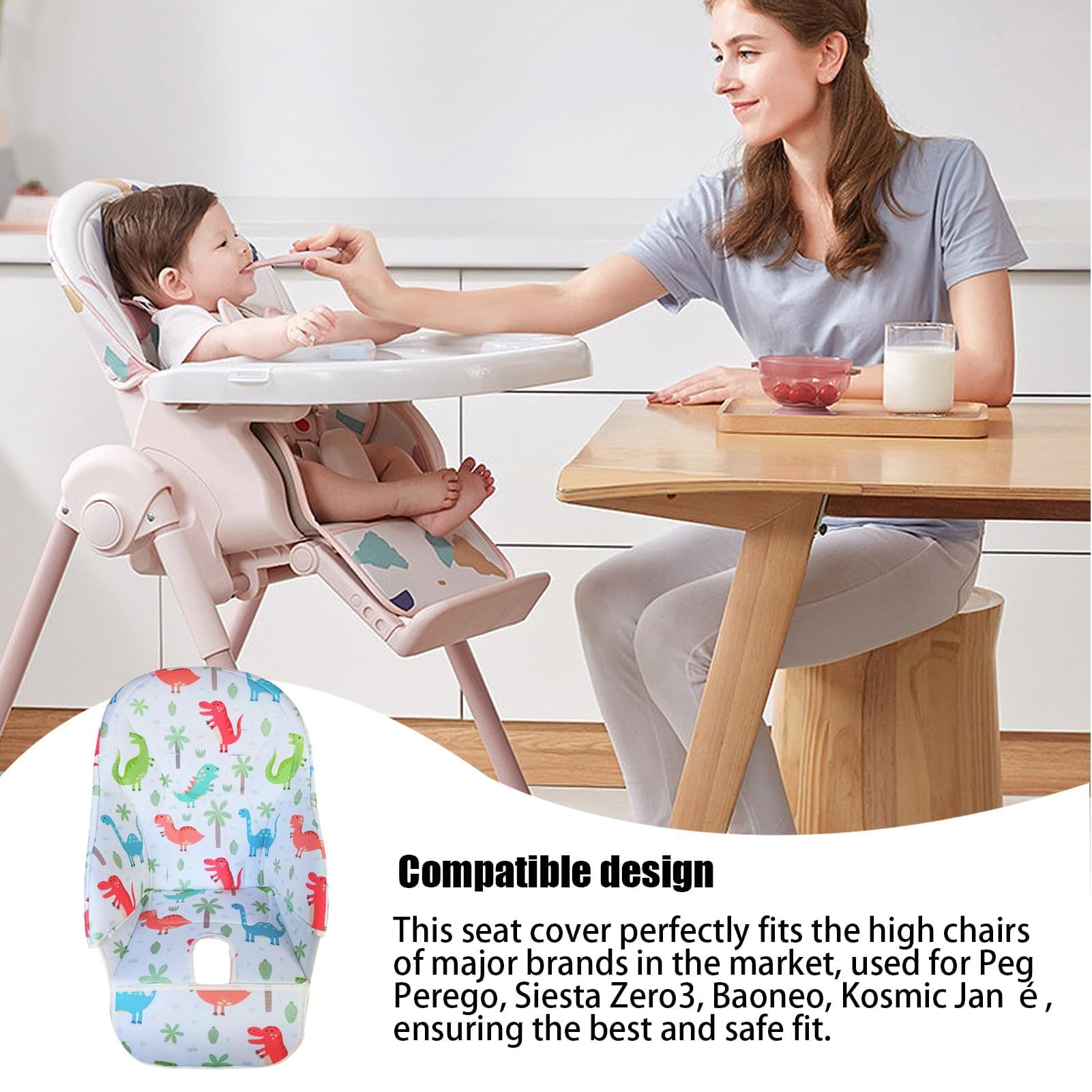 Toveival high chair cushion surface wipes clean after spills.