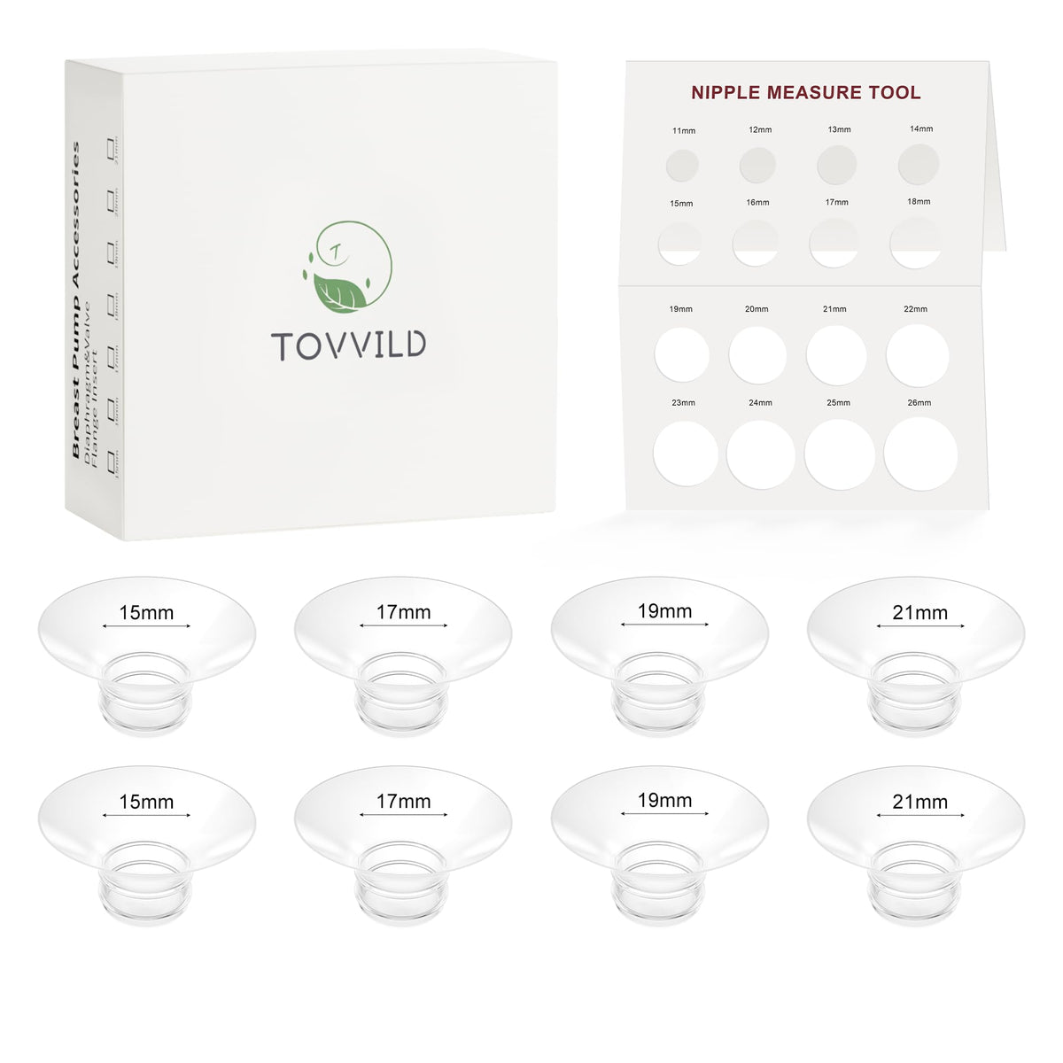 TOVVILD flange insert eight-piece set showing 15–21mm sizes for versatile, comfortable pumping fit