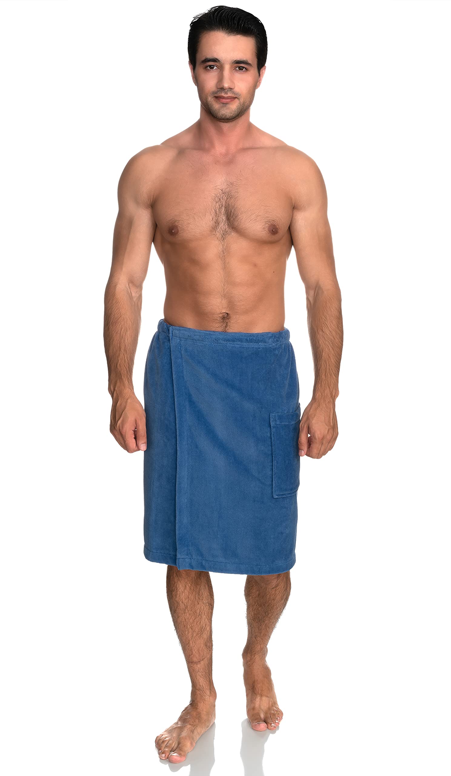TowelSelections mens cotton shower wrap Dutch Blue front view adjustable fit for comfort.