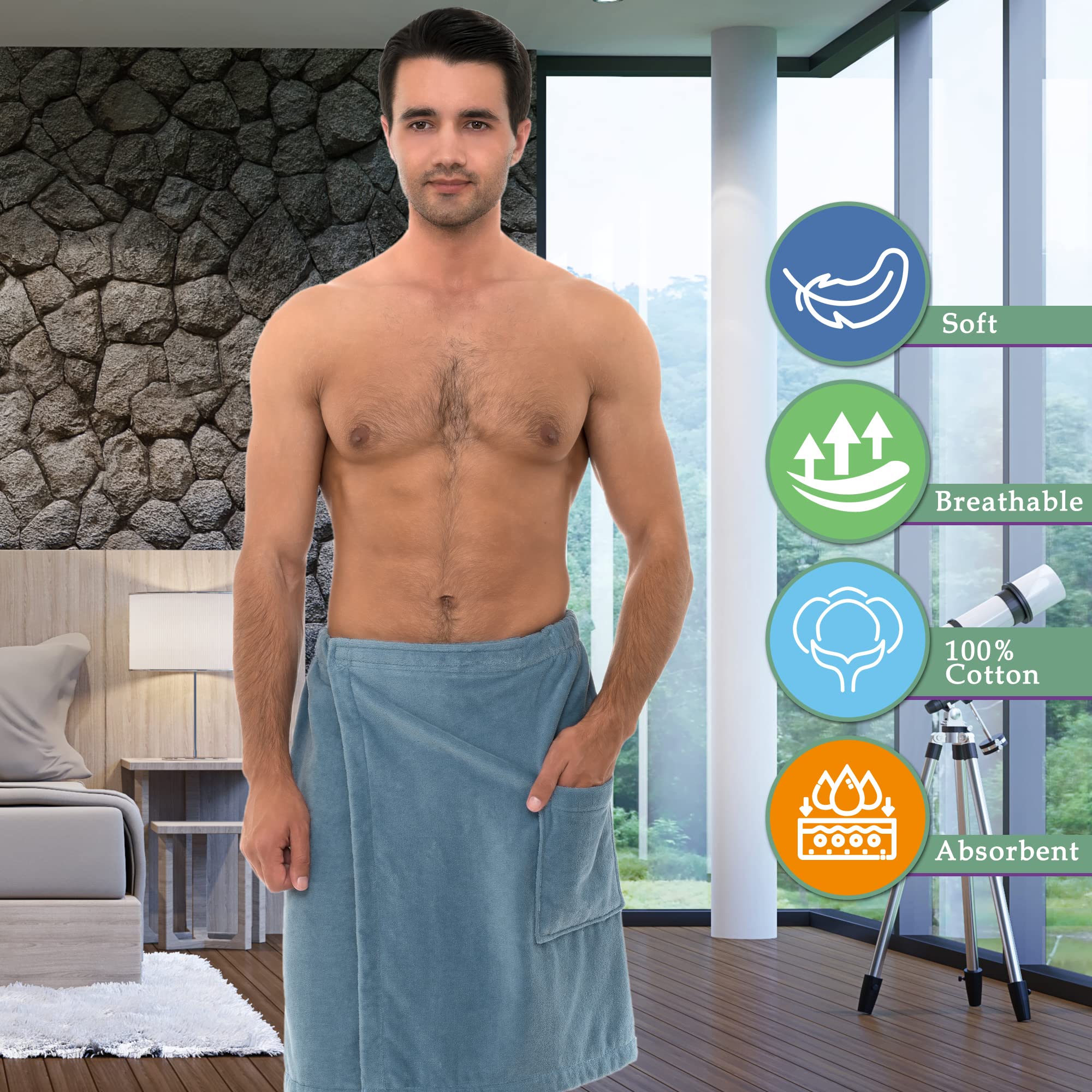 TowelSelections mens knee-length design highlighted for comfortable coverage after spa or gym.