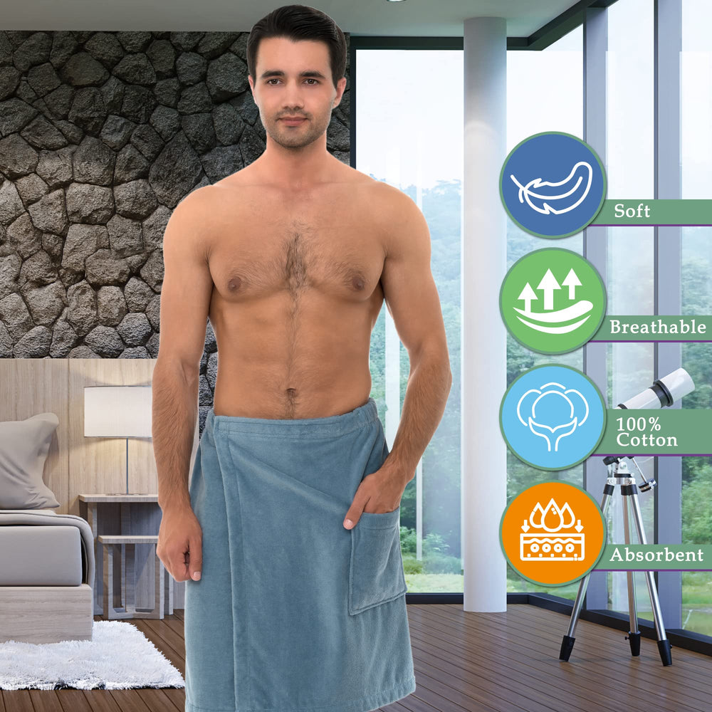 TowelSelections mens knee-length design highlighted for comfortable coverage after spa or gym.