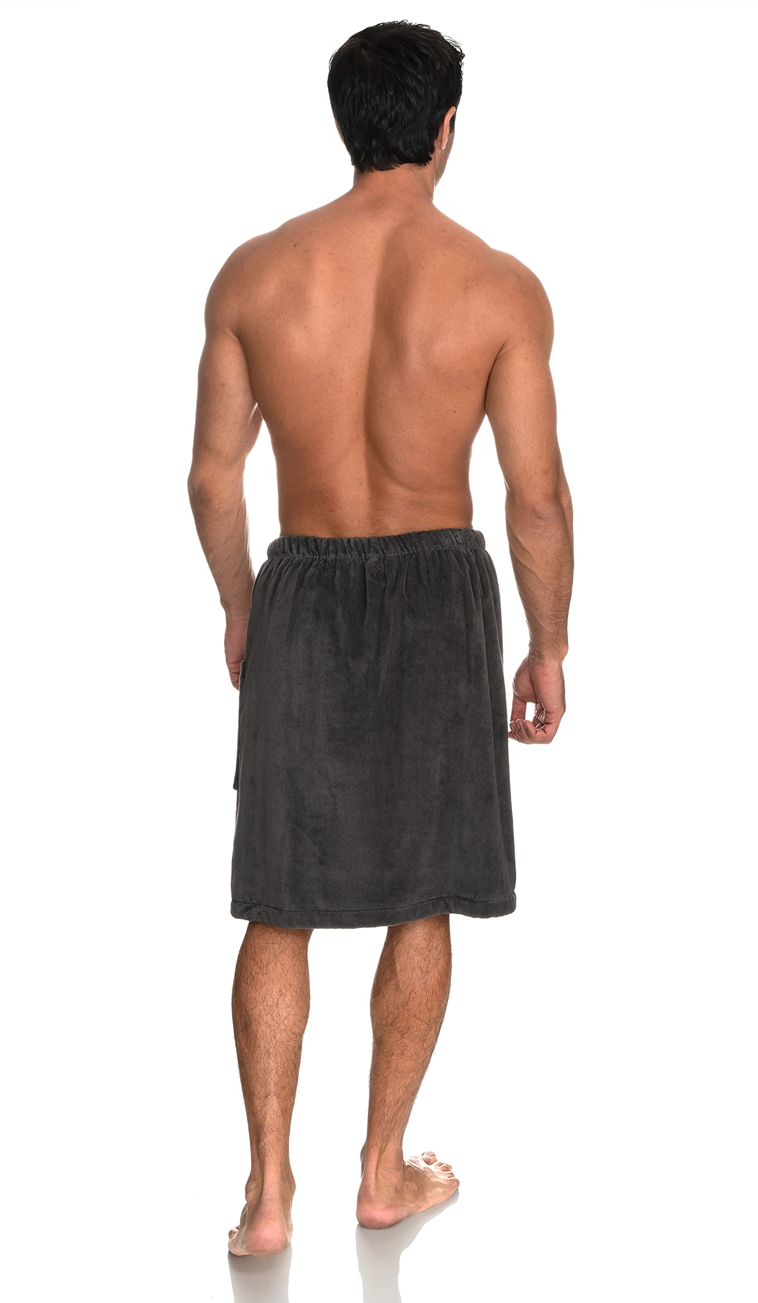 TowelSelections mens shower wrap front pocket view for convenient storage of small essentials.