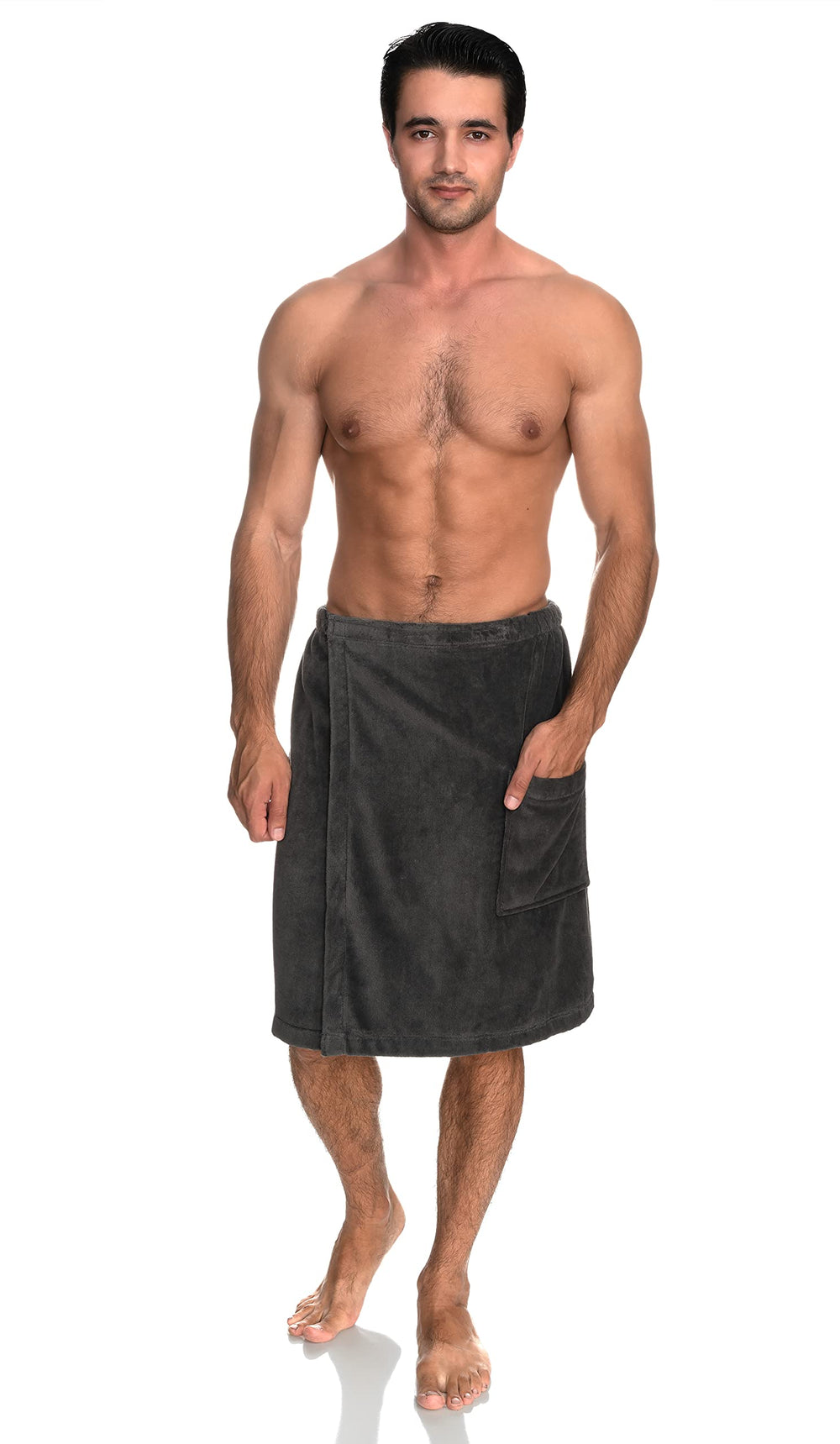 TowelSelections mens shower wrap hook-and-loop closure shown for easy on-off.