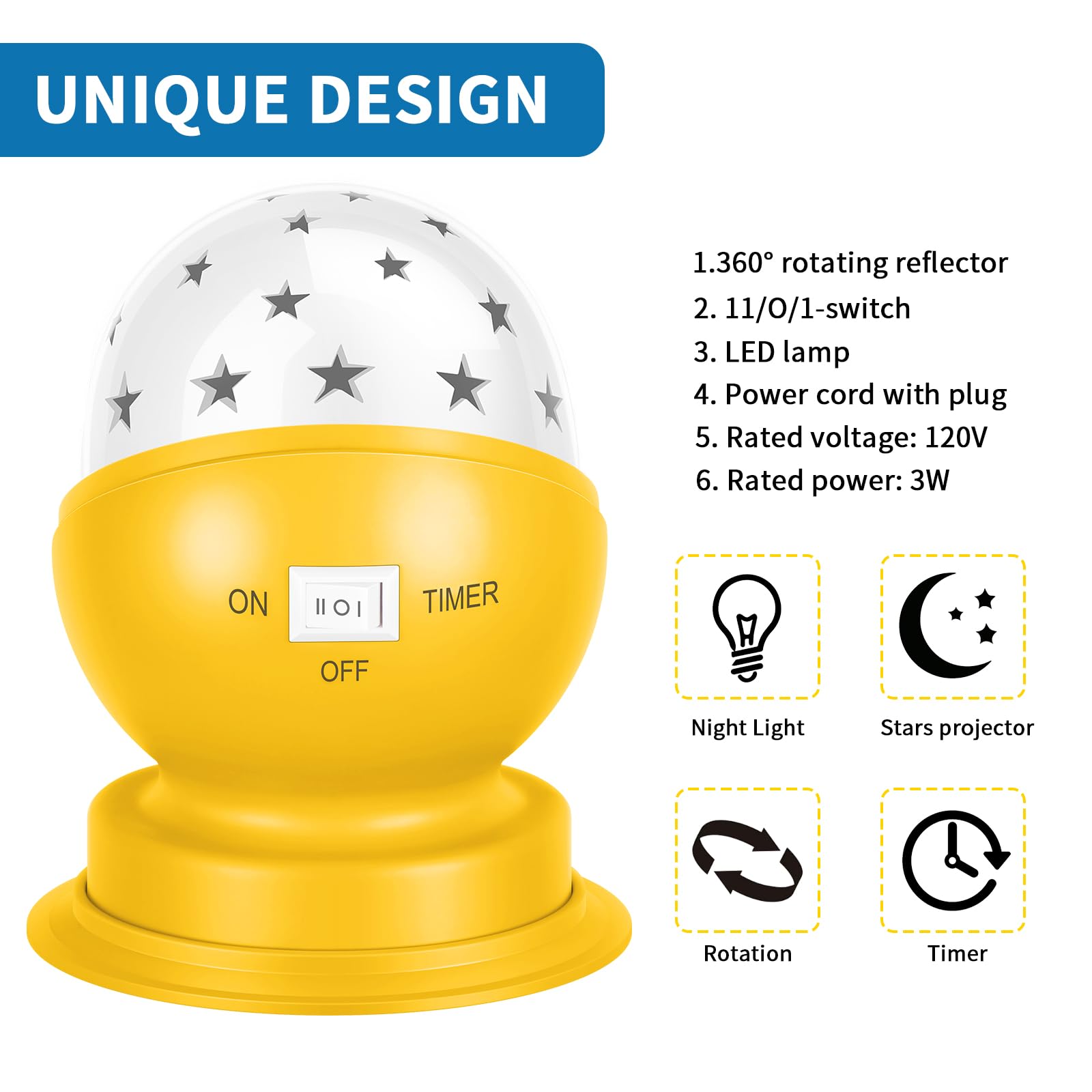 Toyunia star night light emits soft white 3000K glow for comfort