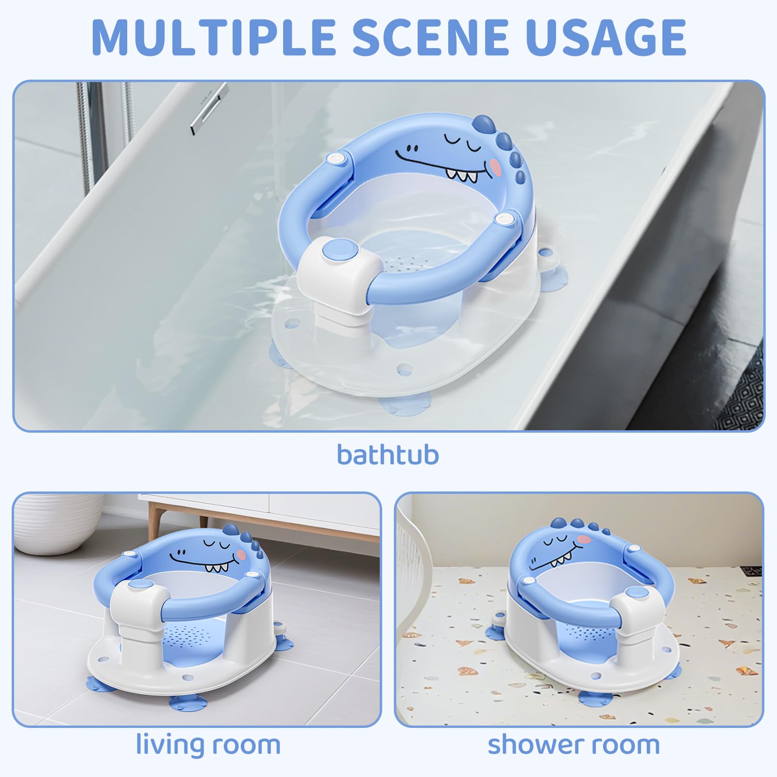 TPN Baby Bath Seat blue ergonomic backrest cushions baby posture during baths.