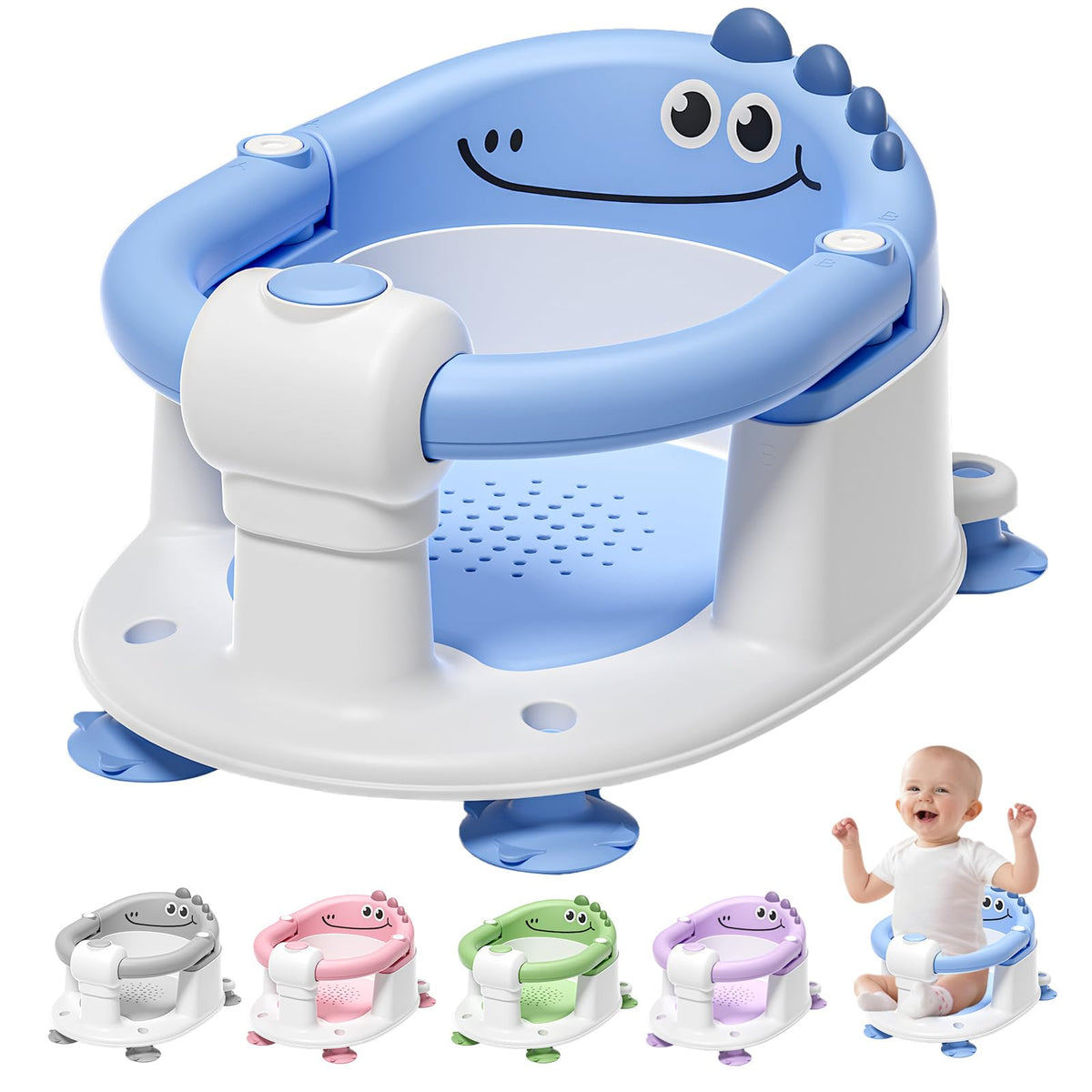 TPN Baby Bath Seat blue front view shows stable design for bath time safety.