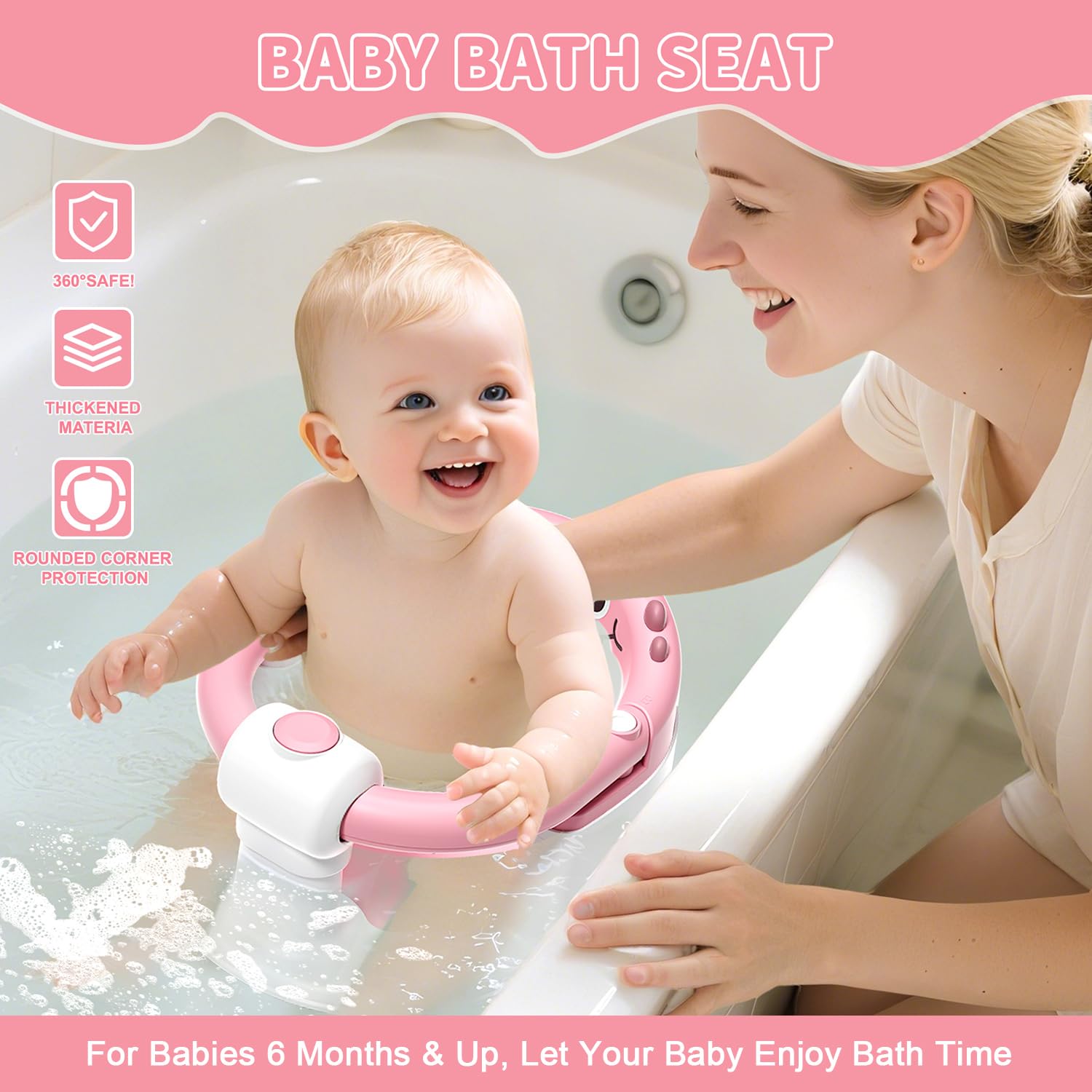 TPN baby bath seat open-closed mechanism shown for quick in-and-out during bath time.