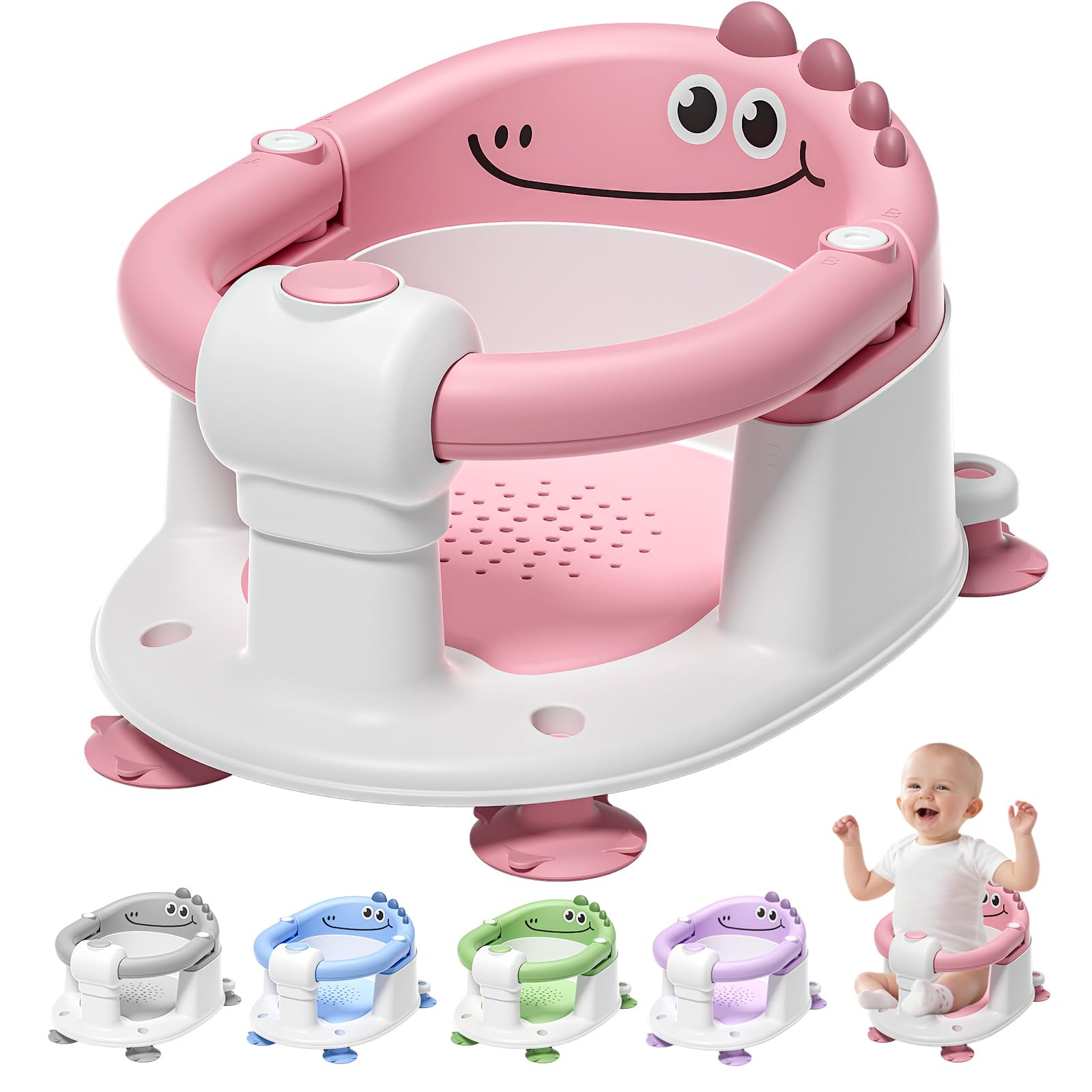 TPN baby bath seat pink side view demonstrates non-slip stability for safe bath time.