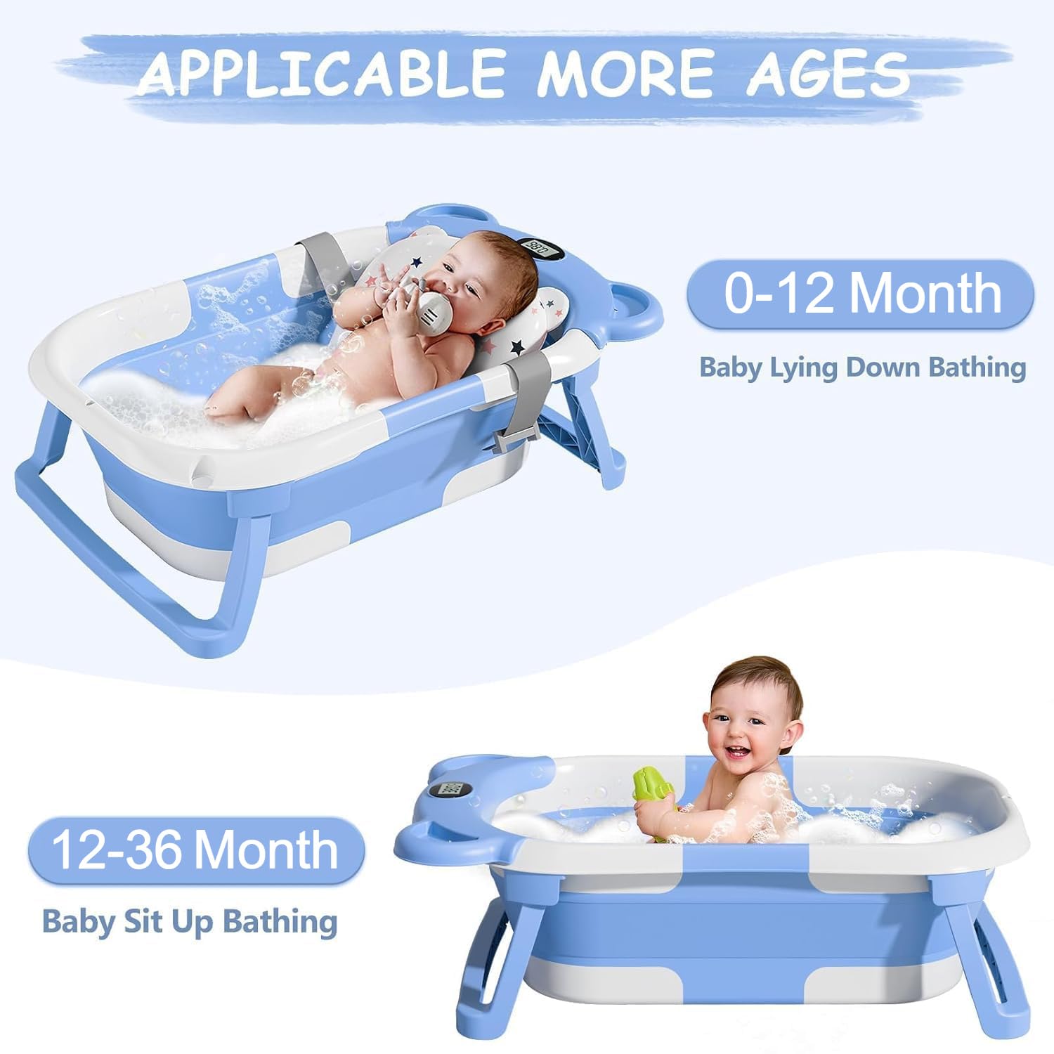 TPN collapsible baby bathtub digital thermometer display shows real-time bath temperature