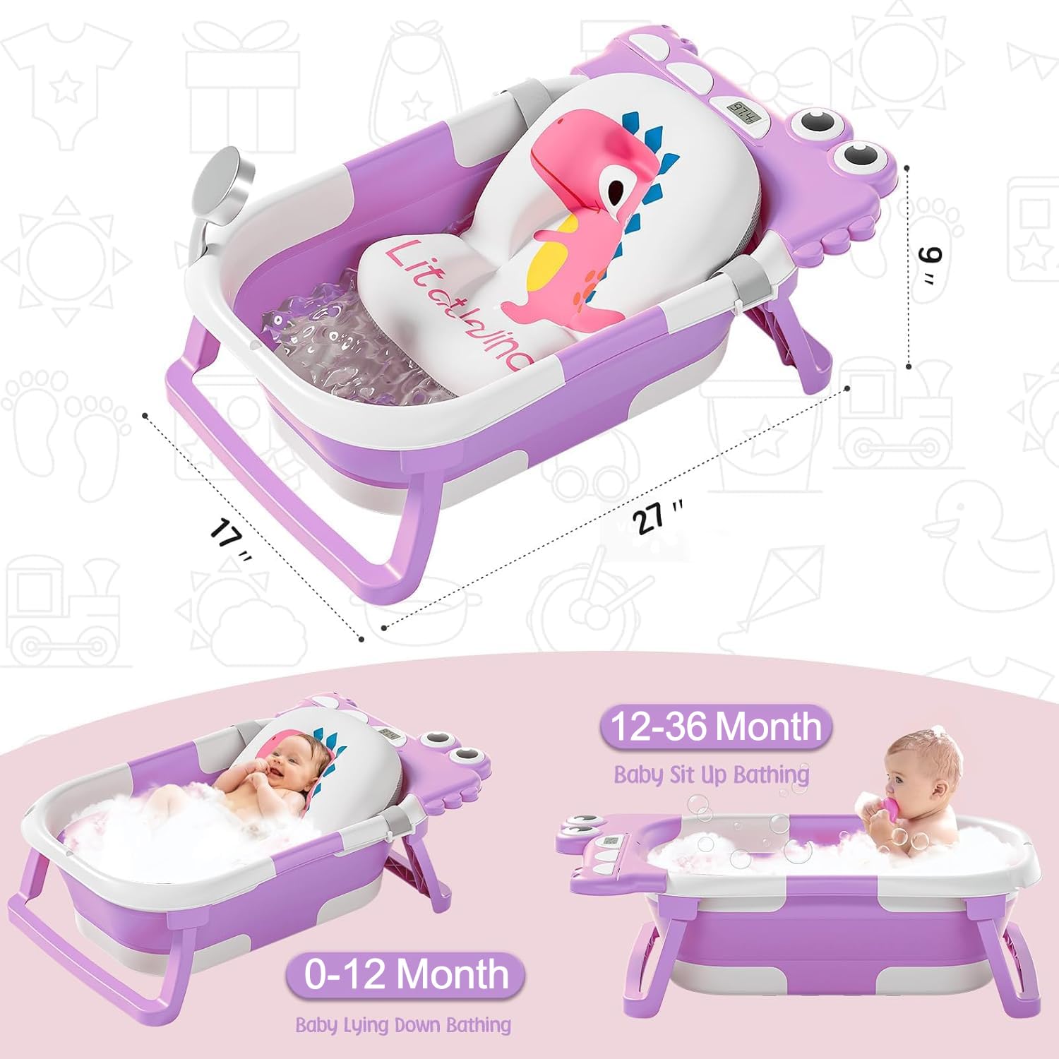 TPN collapsible tub with digital thermometer displays bath temperature.