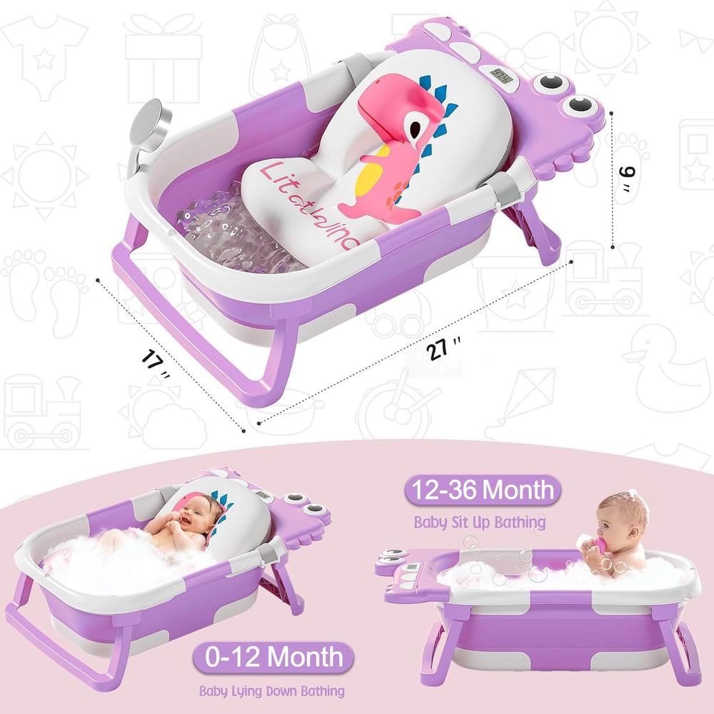 TPN collapsible tub with digital thermometer displays bath temperature.