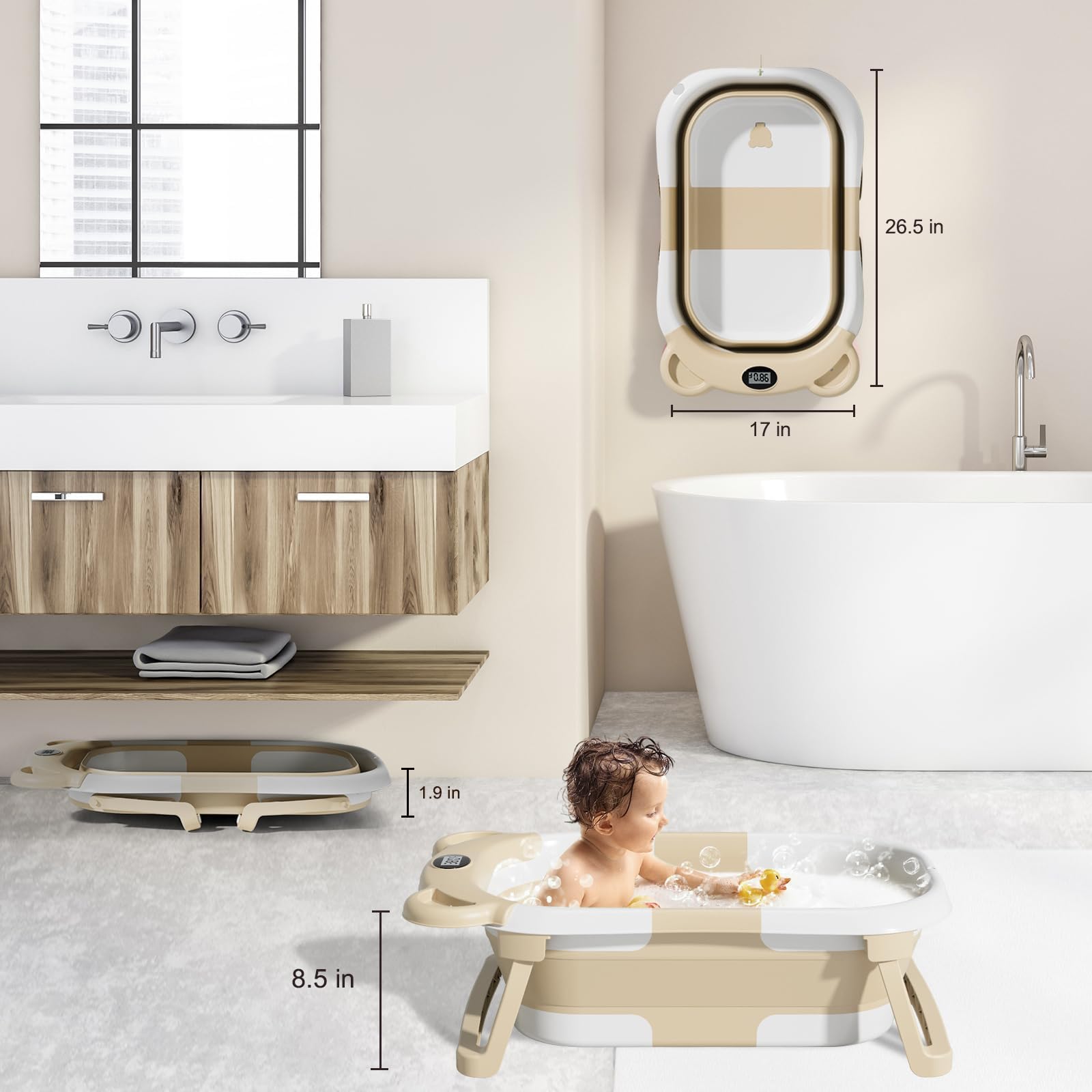 TPN collapsible baby bathtub with easy-pull drain plug for quick cleanup.