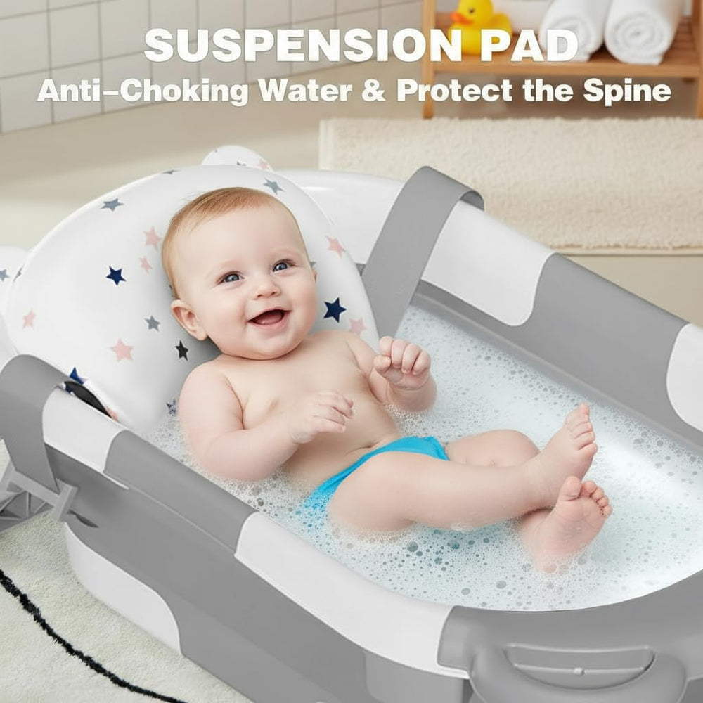 TPN collapsible baby bathtub folded compactly for travel use.