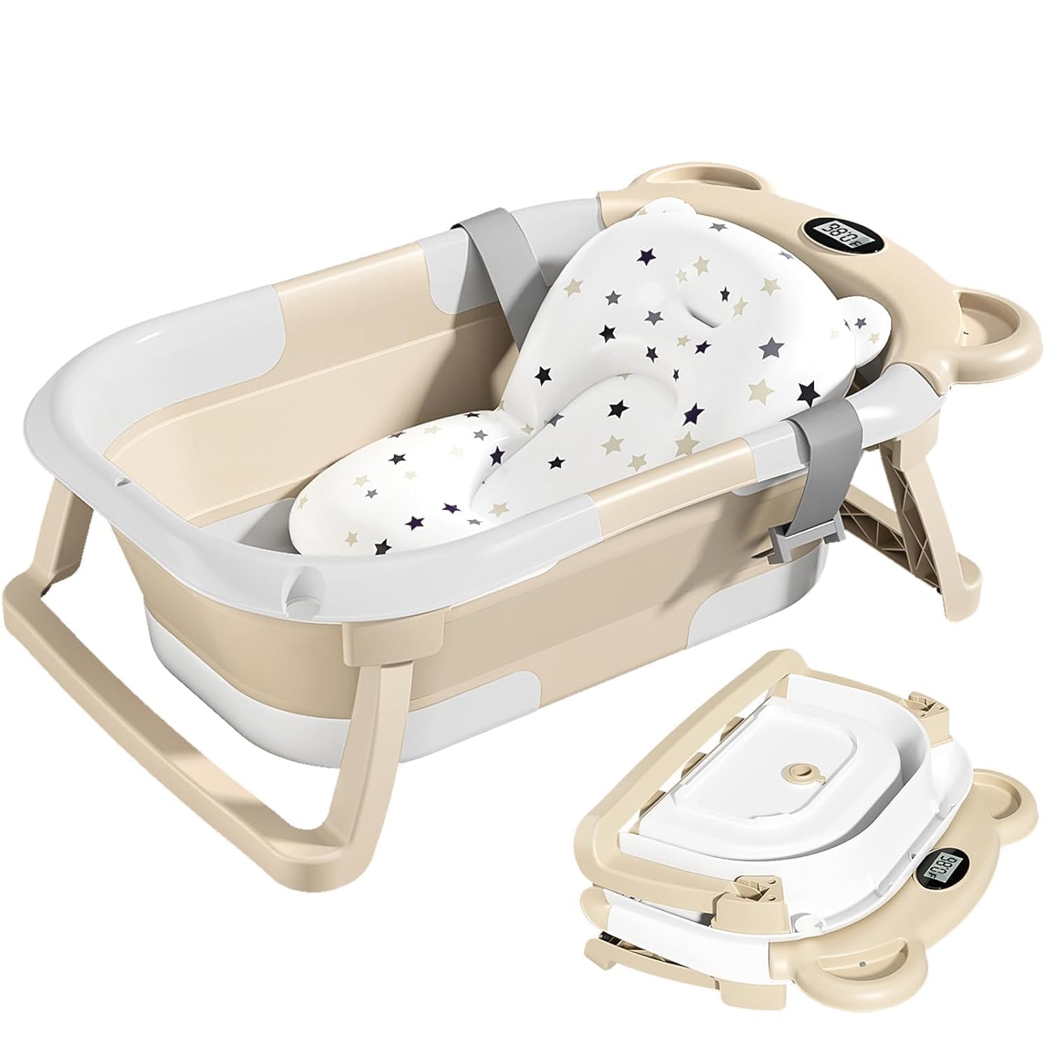 TPN collapsible baby bathtub folded for compact storage, ideal for small bathrooms.