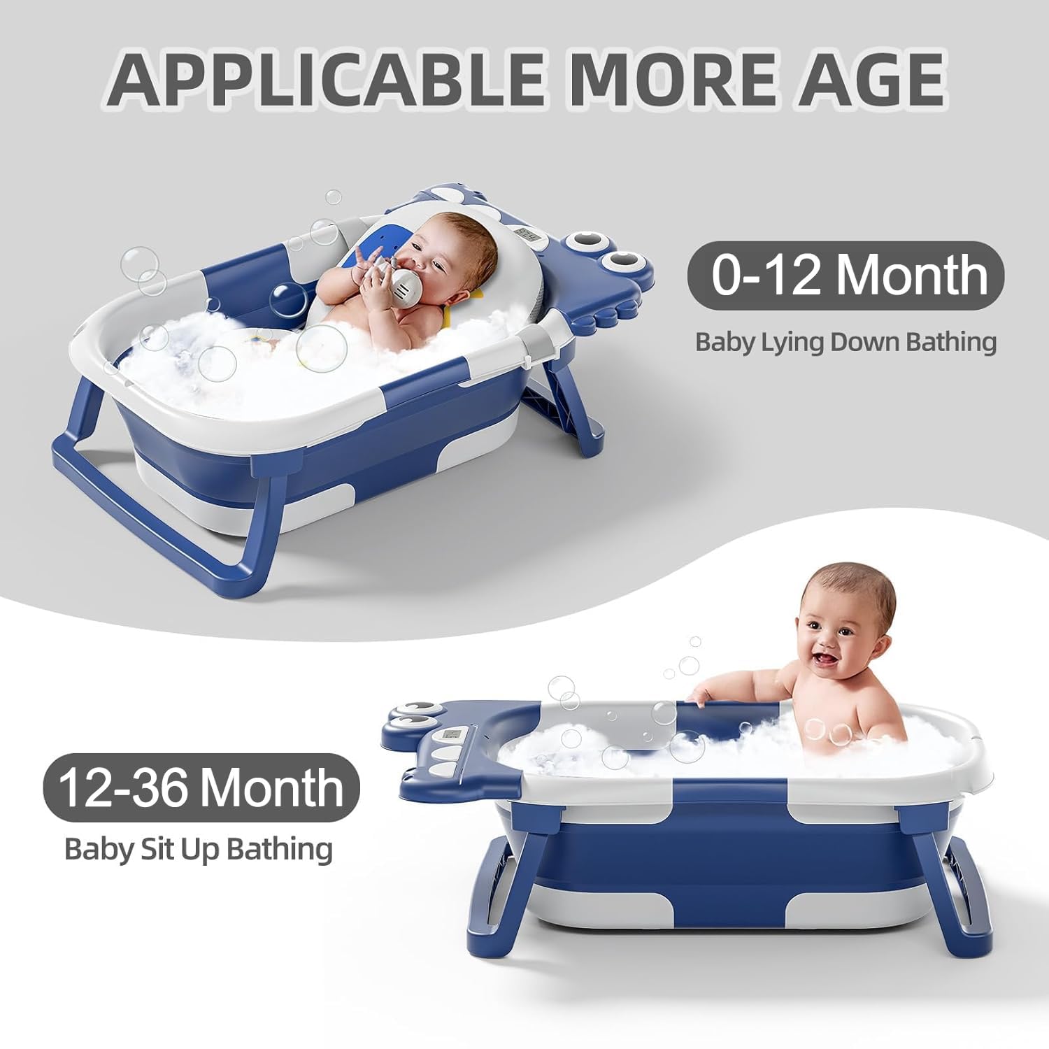 TPN collapsible baby bathtub in use with infant supported