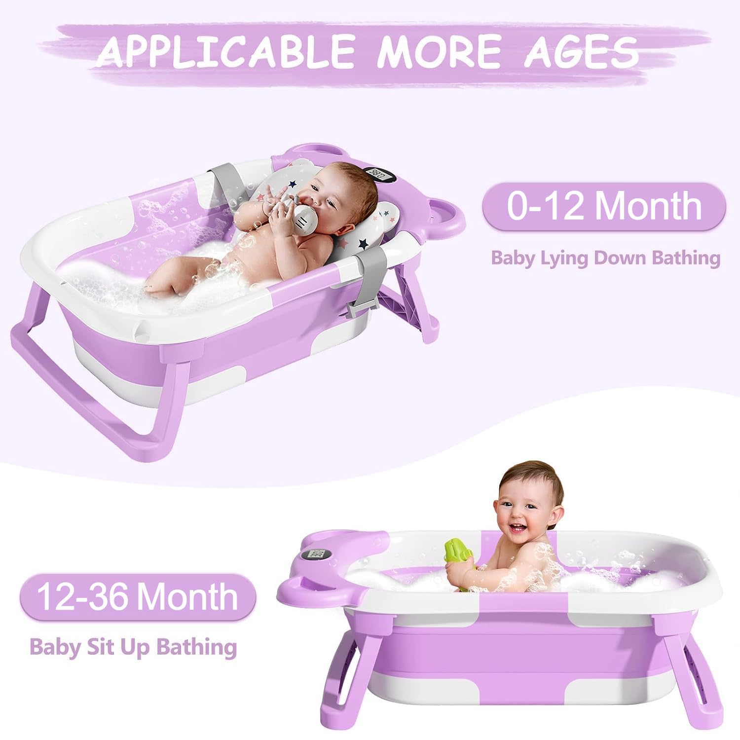 TPN Collapsible Baby Bathtub showing safety belts and cushion for secure bath time