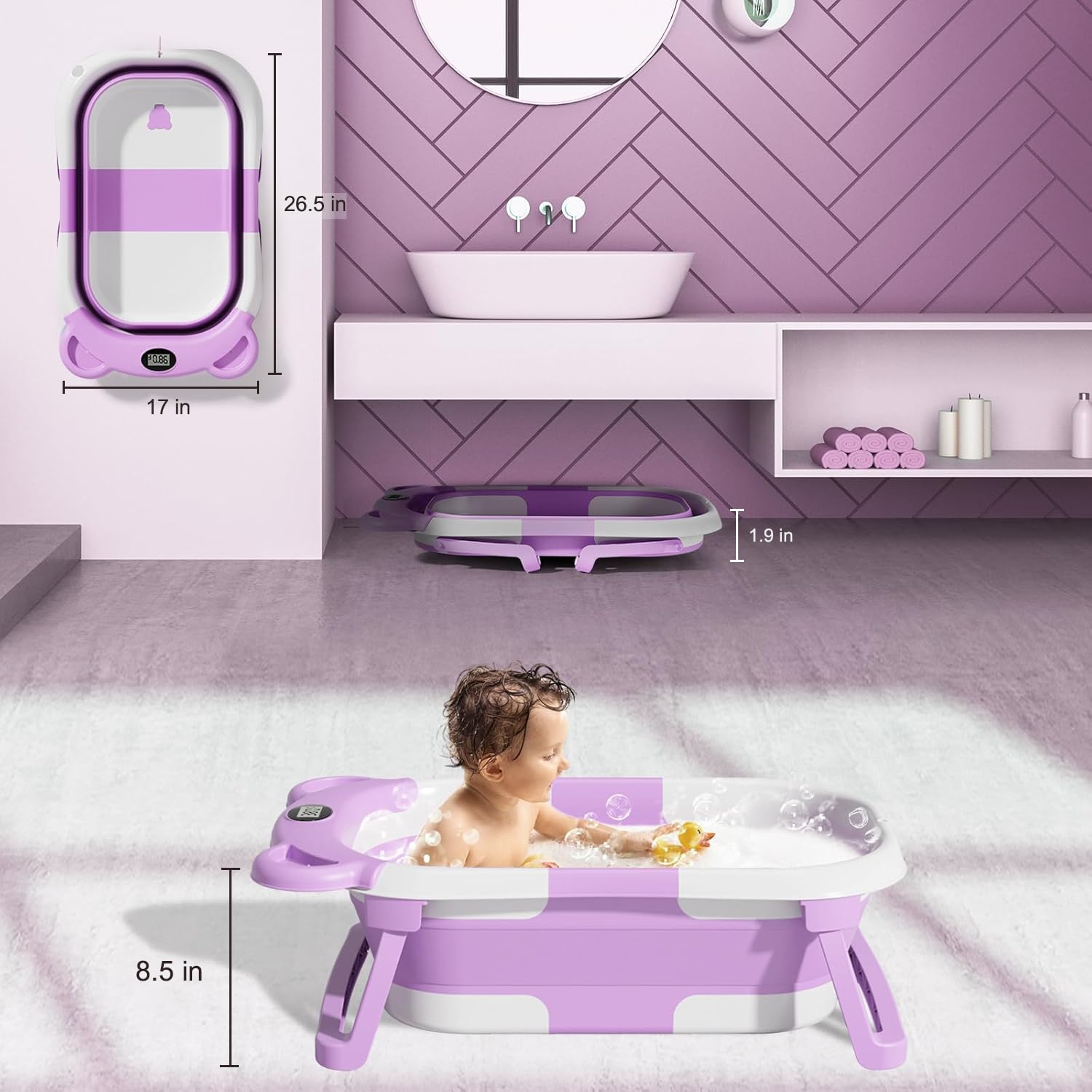 TPN Collapsible Baby Bathtub thermometer display shows real-time water temperature