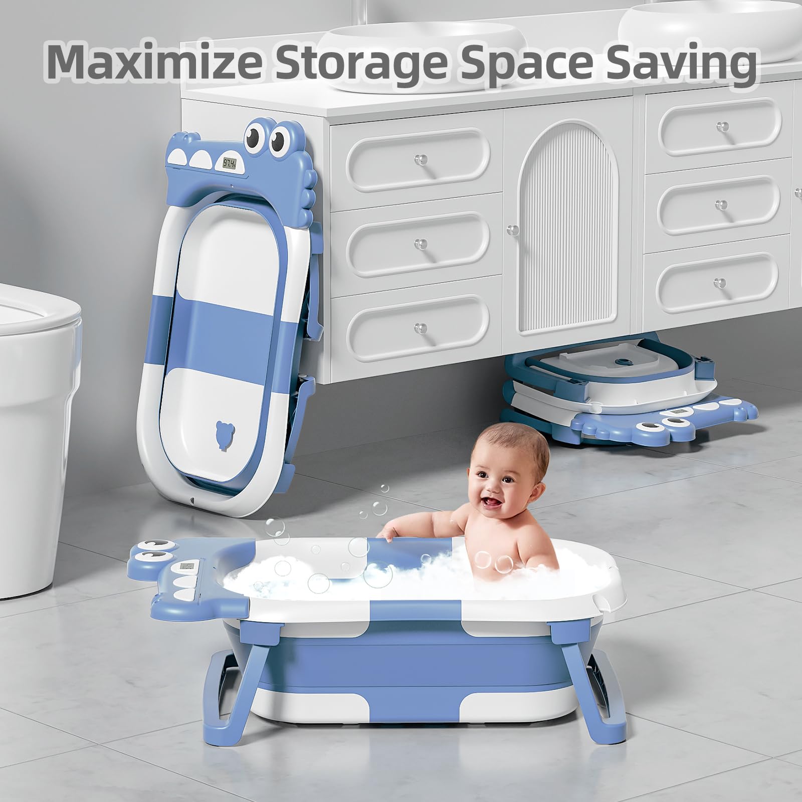 TPN collapsible baby bathtub temperature sensor displays real-time water temperature for comfortable baths.