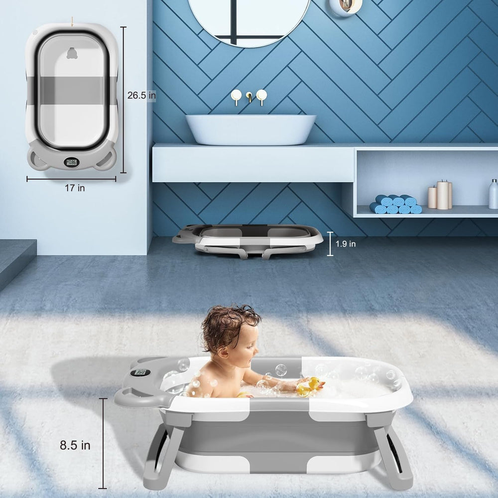 TPN collapsible baby bathtub temperature sensor shows bath water temperature.